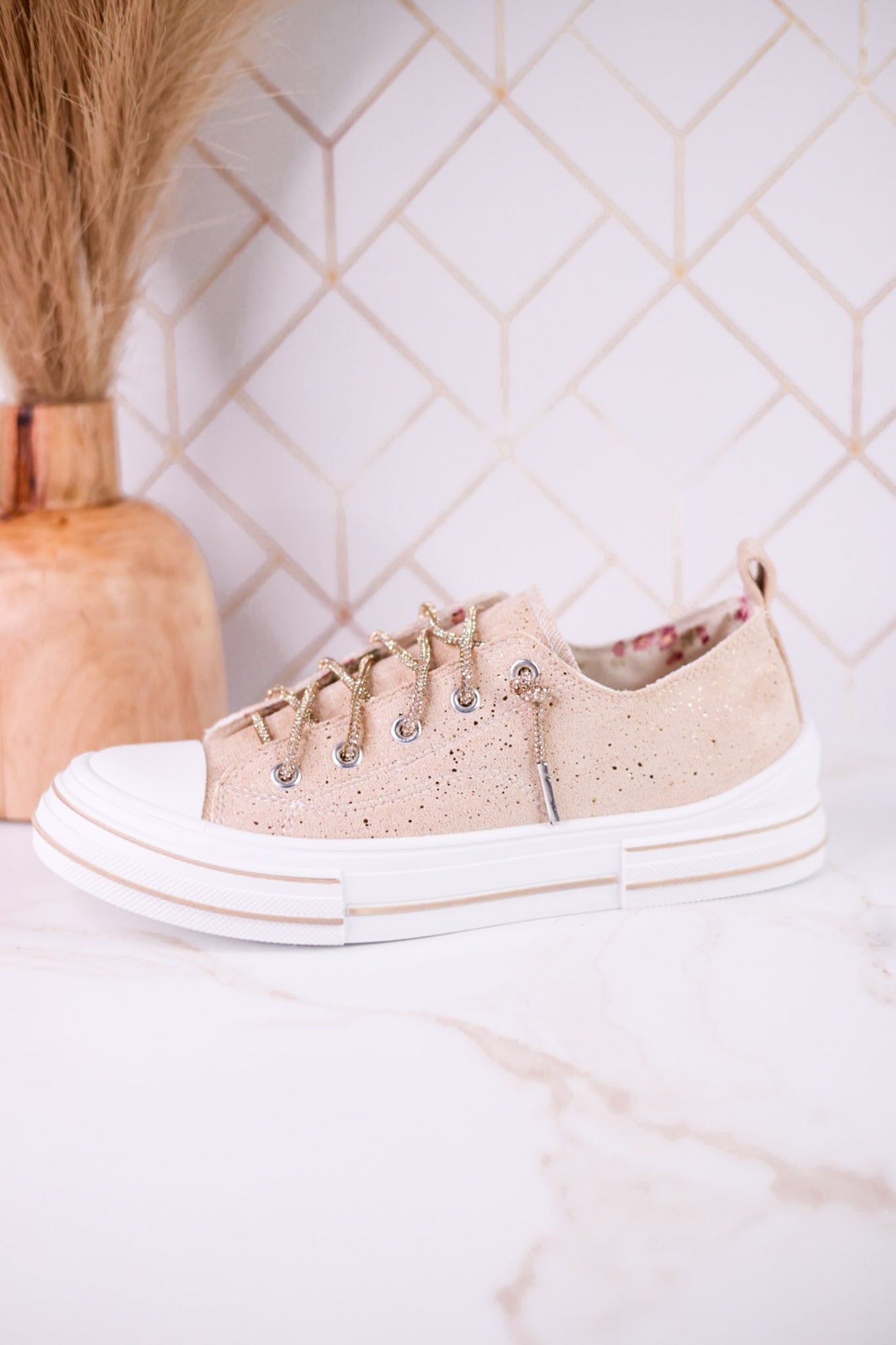 Nude Suede Aman Sneakers With Metallic Splash