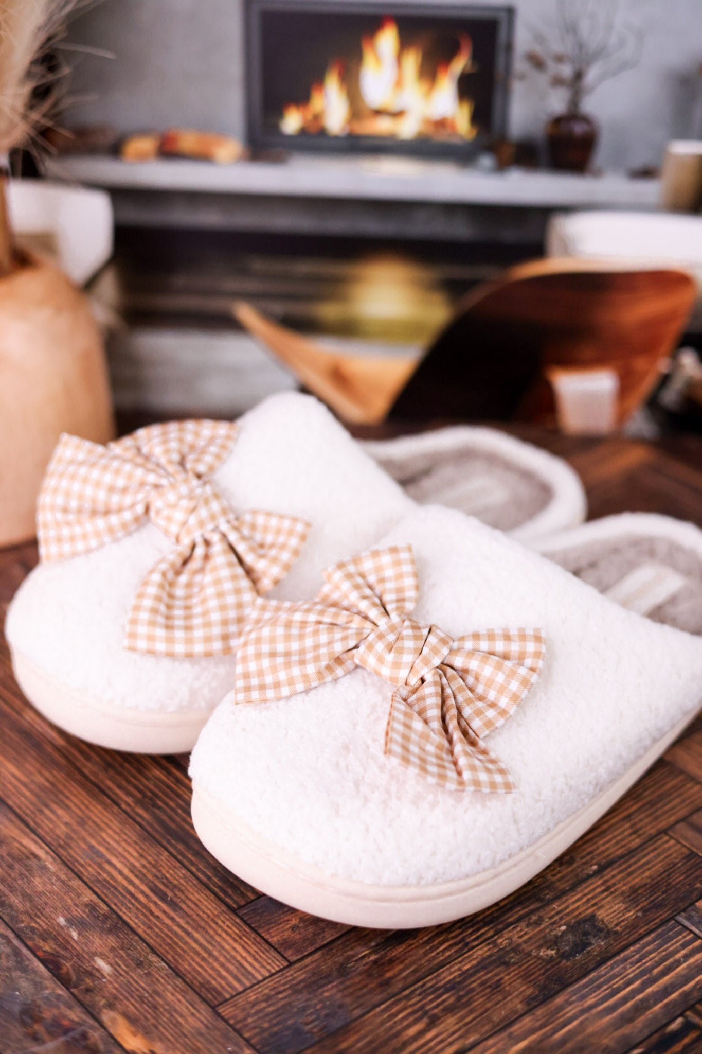 Fuzzy Slippers With Maple Gingham Bow