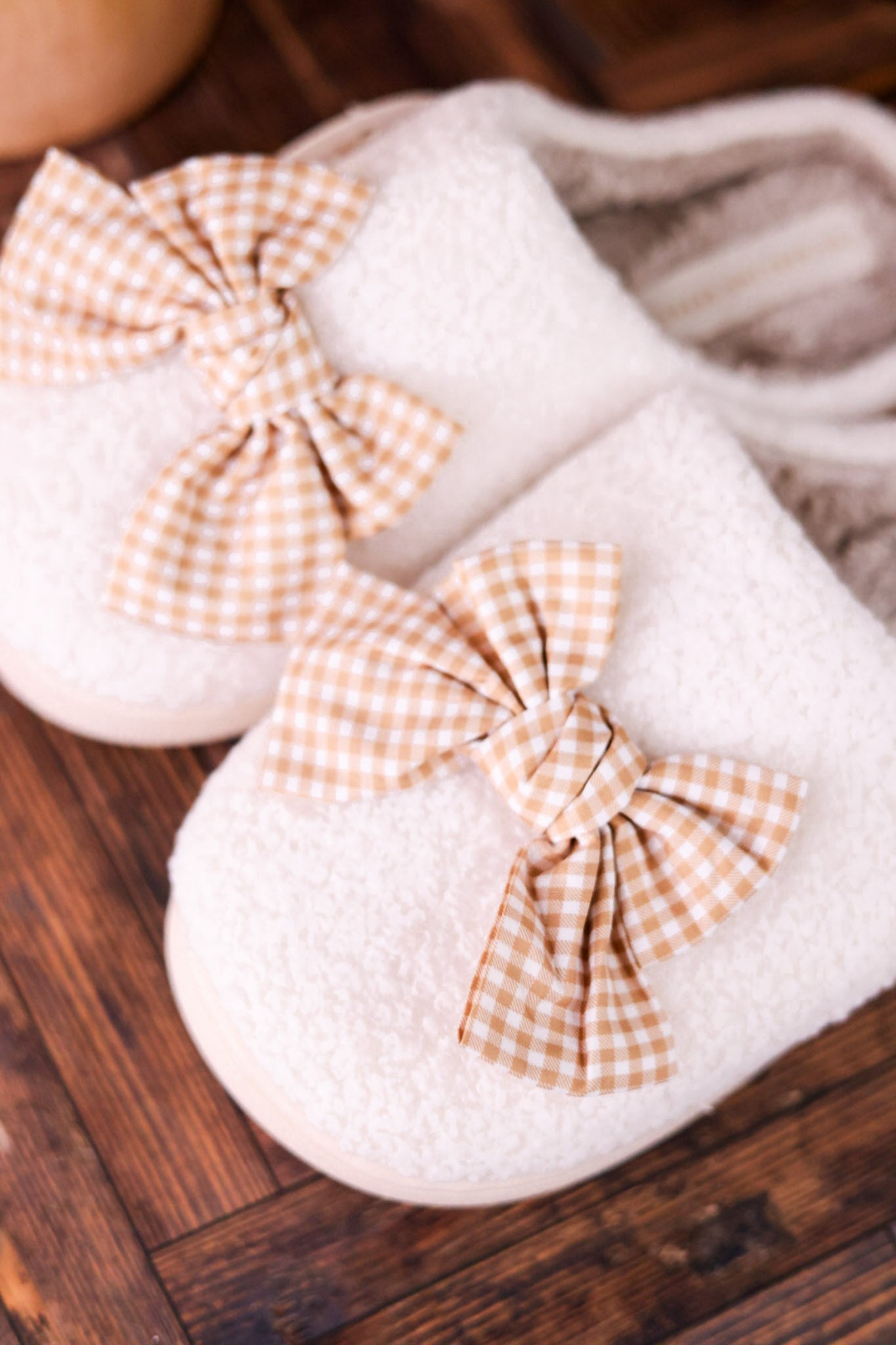 Fuzzy Slippers With Maple Gingham Bow