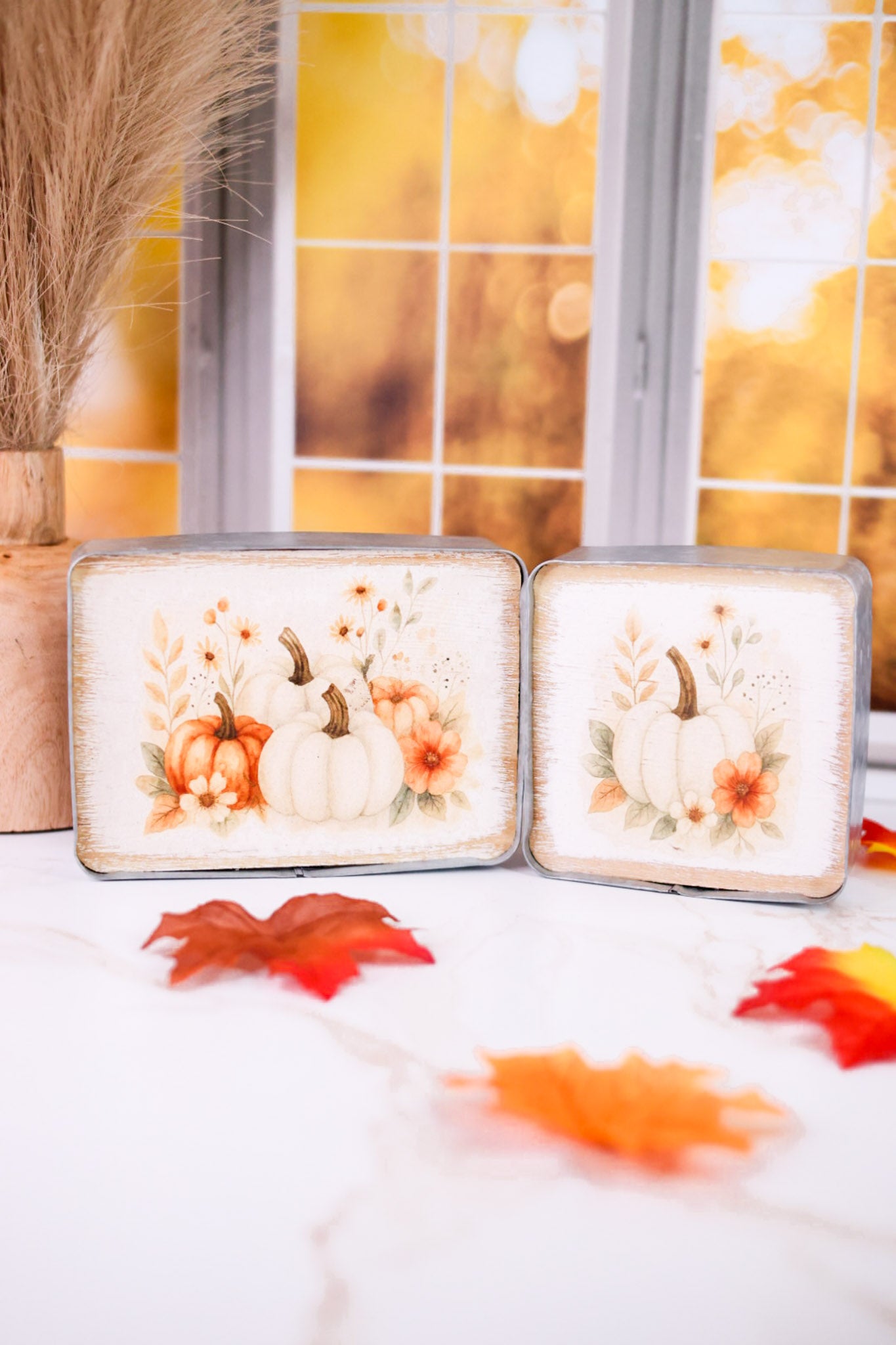Rustic Metal Framed Pumpkin Print Wood Blocks (2 Styles)