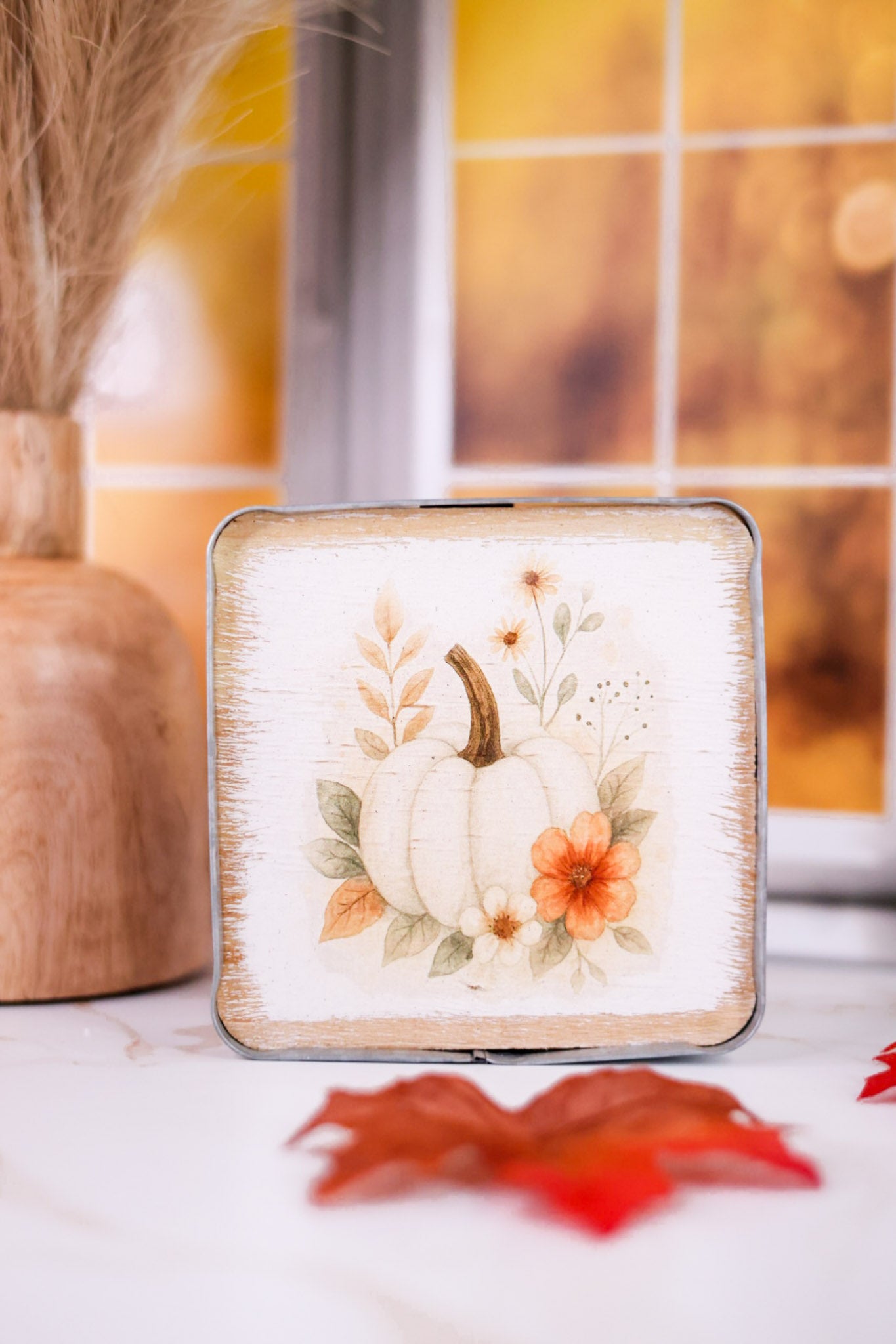 Rustic Metal Framed Pumpkin Print Wood Blocks (2 Styles)
