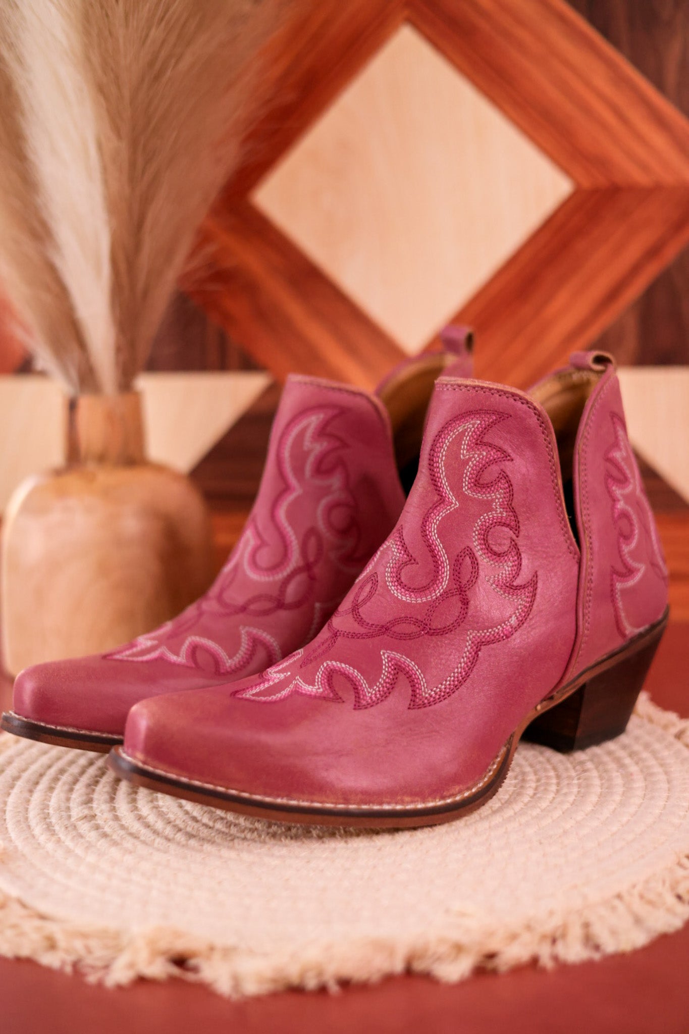 Pink Leather Stitched Booties