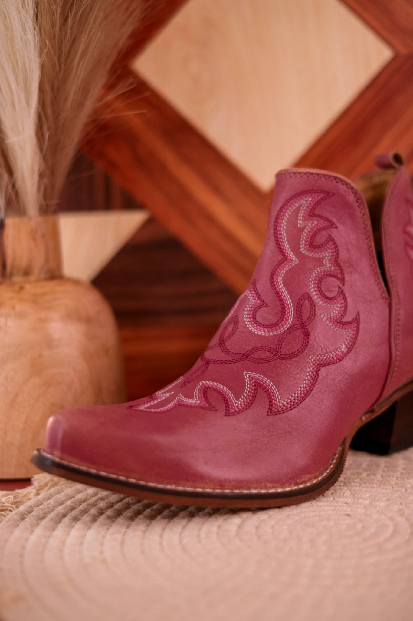 Pink Leather Stitched Booties