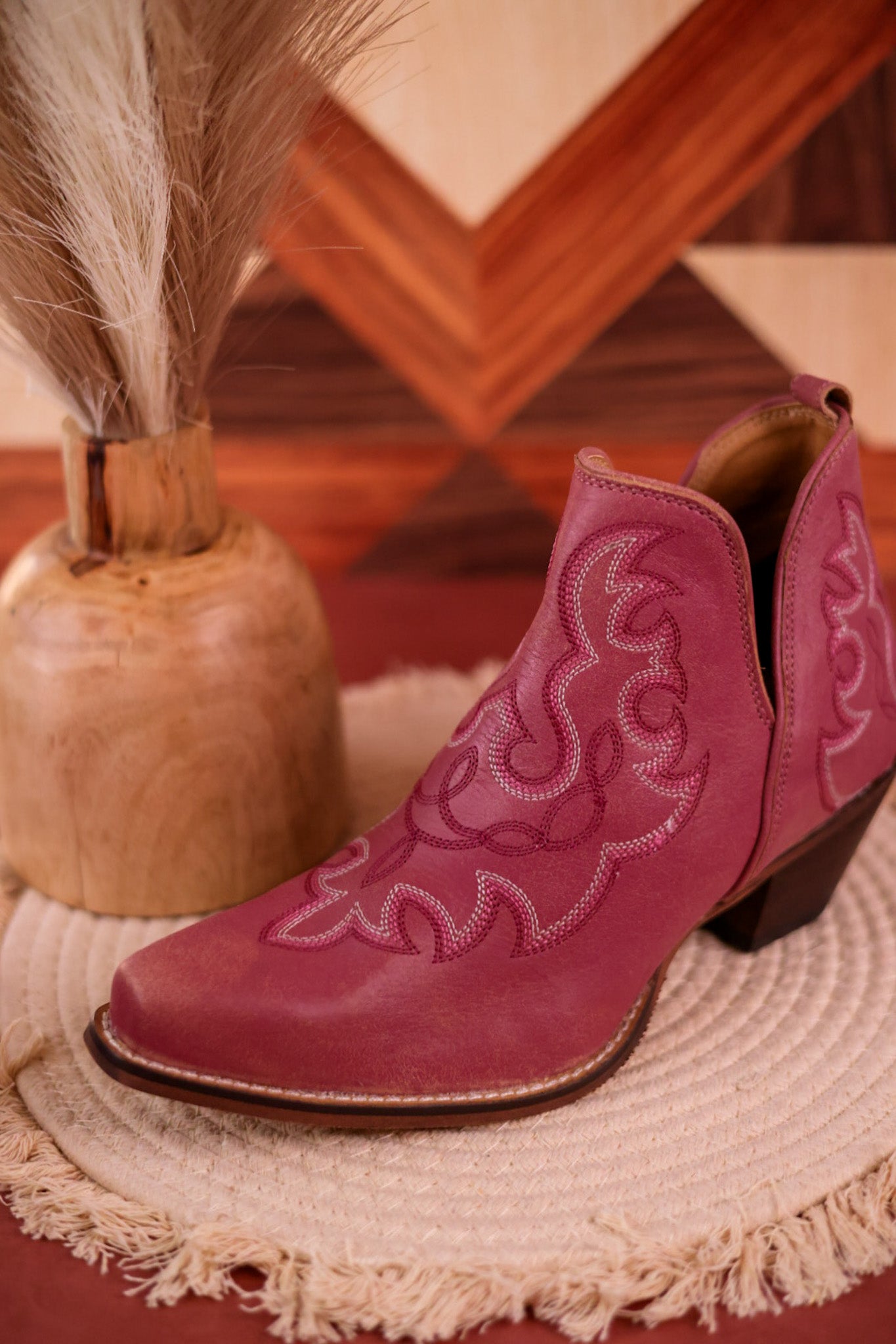 Pink Leather Stitched Booties