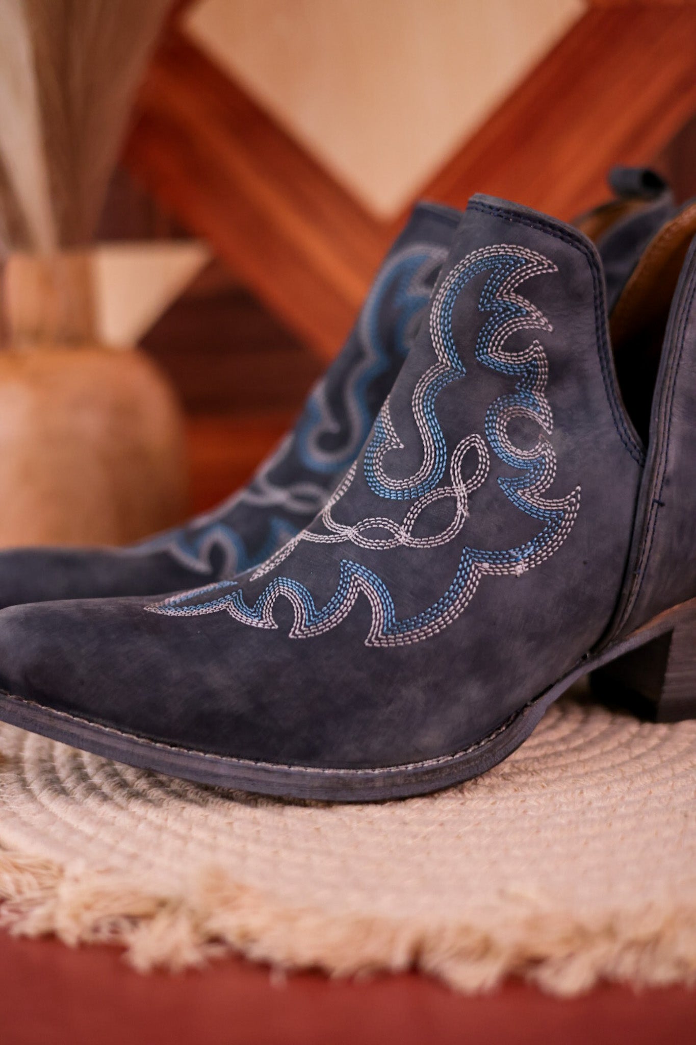 Stitched Leather Booties in Dusty Blue