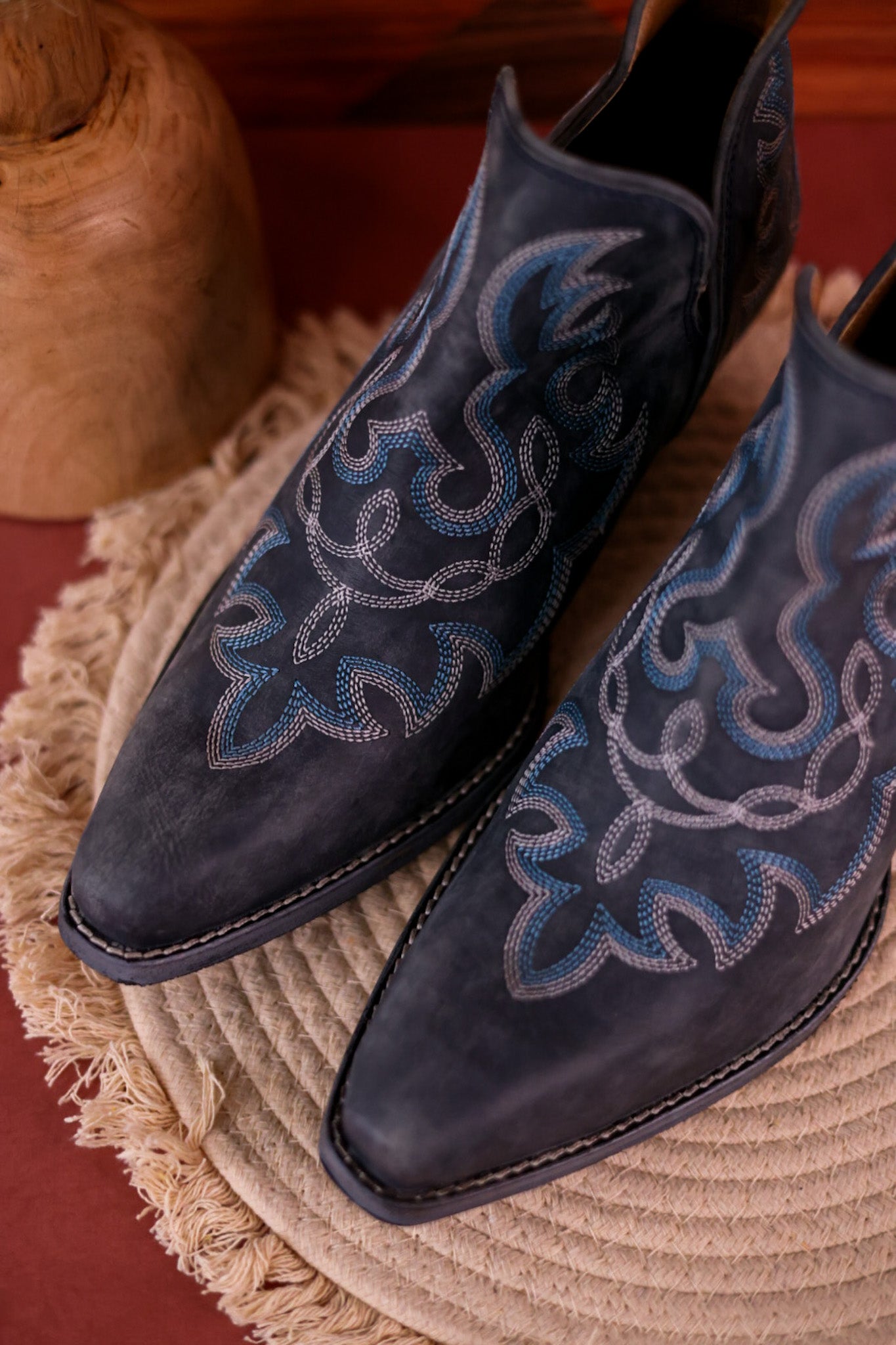 Stitched Leather Booties in Dusty Blue