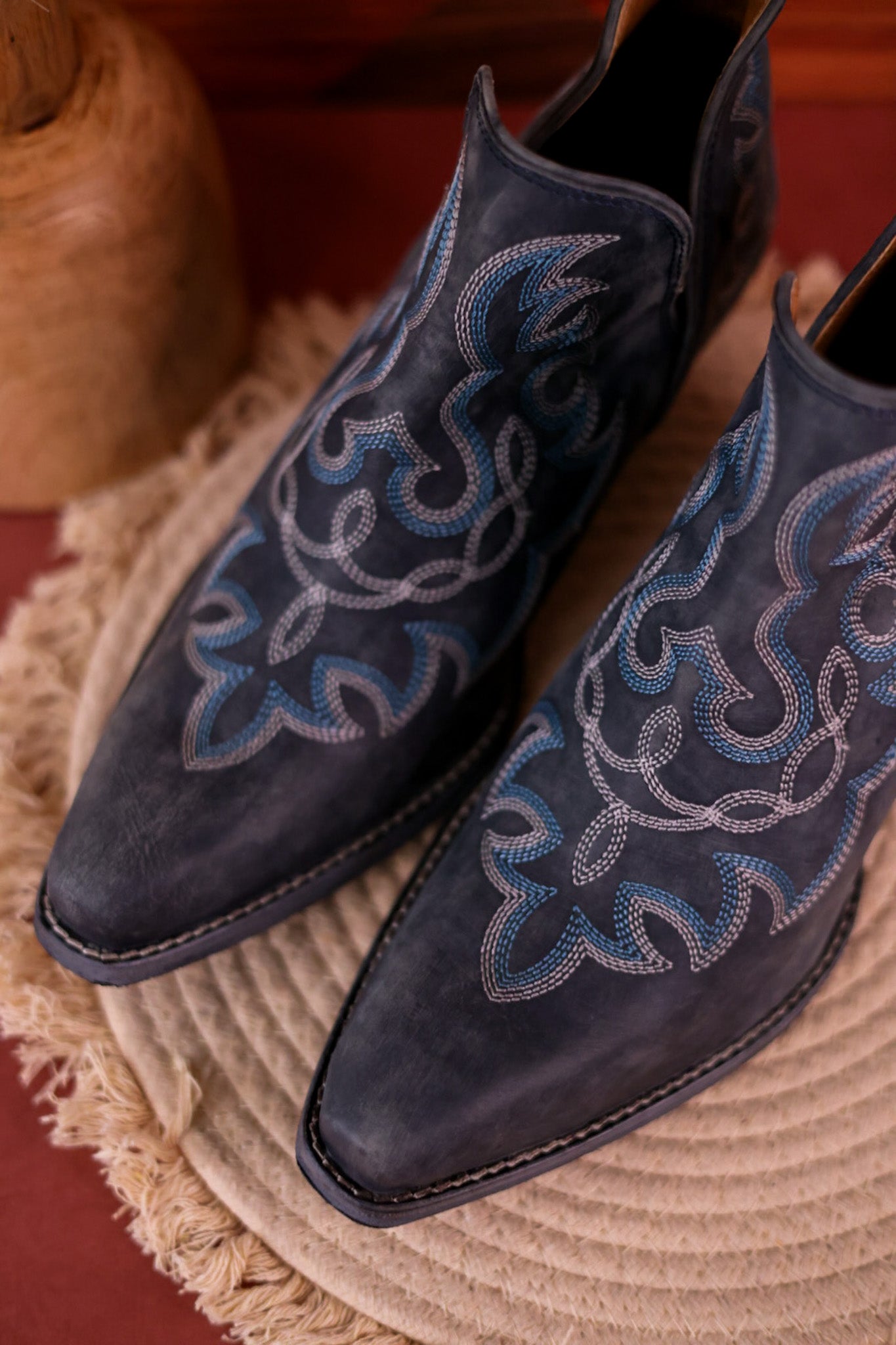 Stitched Leather Booties in Dusty Blue