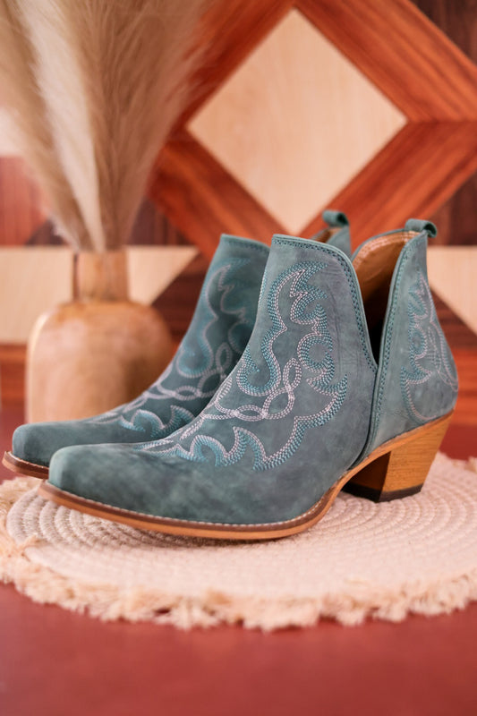 Stitched Leather Booties in Turquoise
