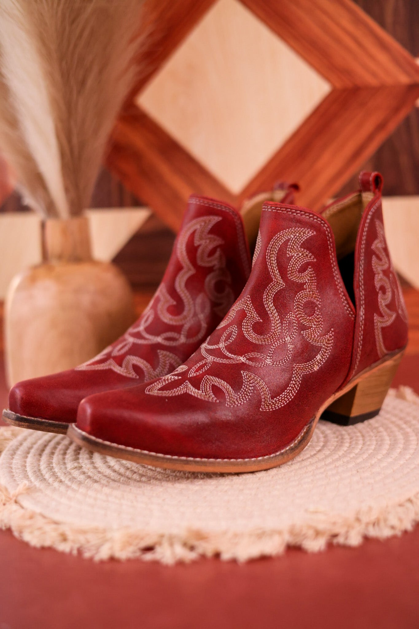 Red Leather Stitched Booties