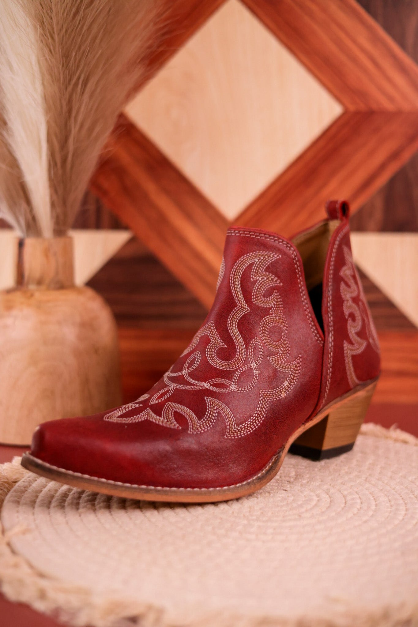 Red Leather Stitched Booties