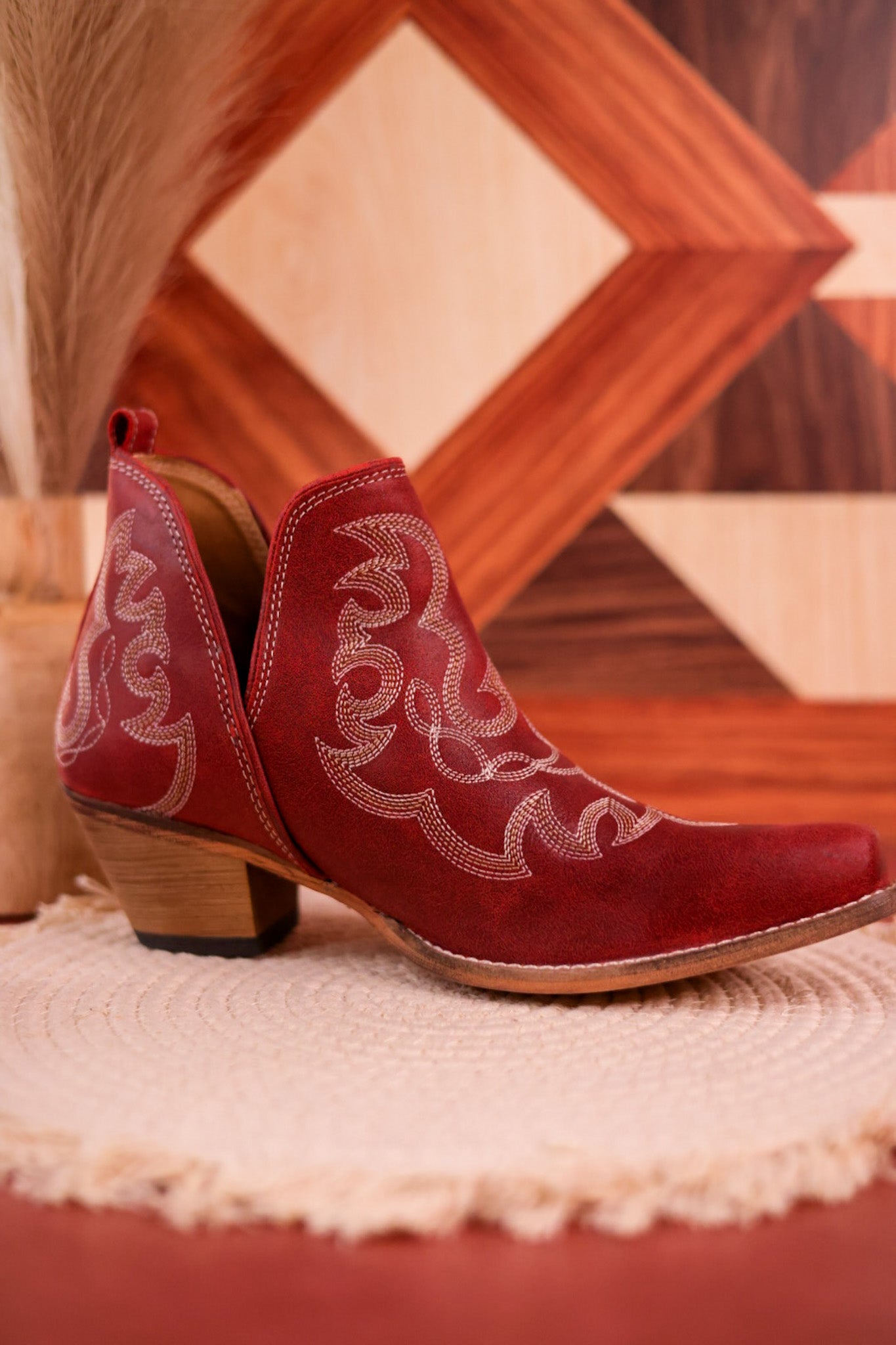 Red Leather Stitched Booties