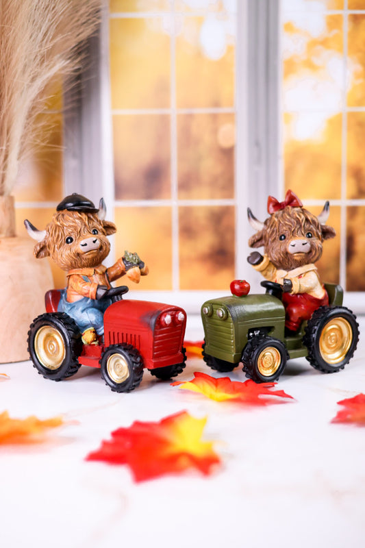 Resin Harvest Highland Cow With Tractor (2 Styles)