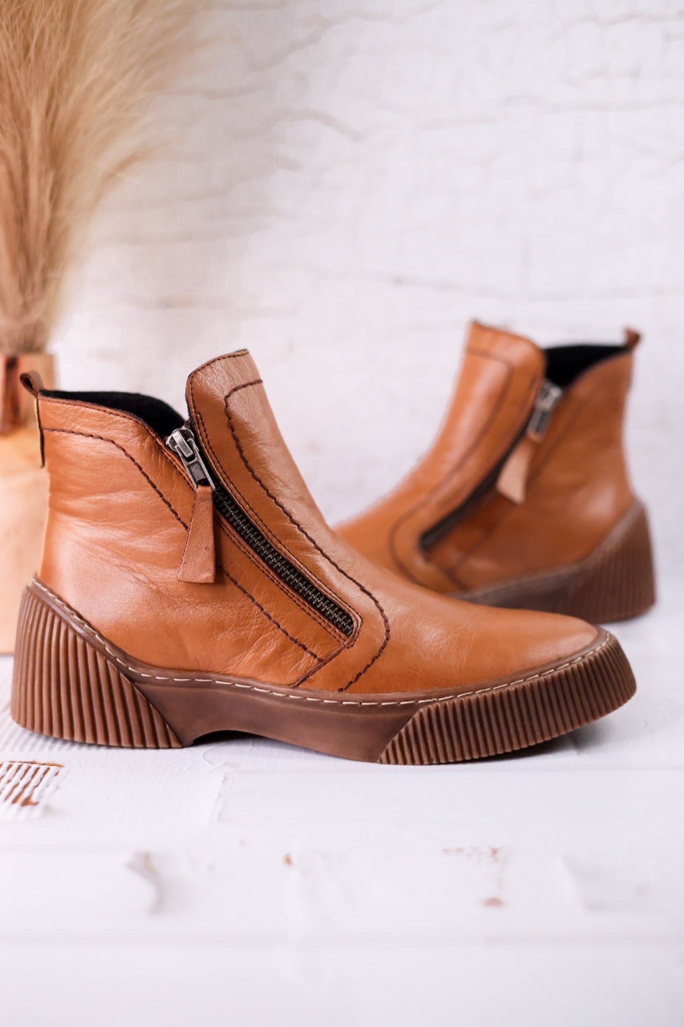 The Kelko Camel Leather Zippered Booties