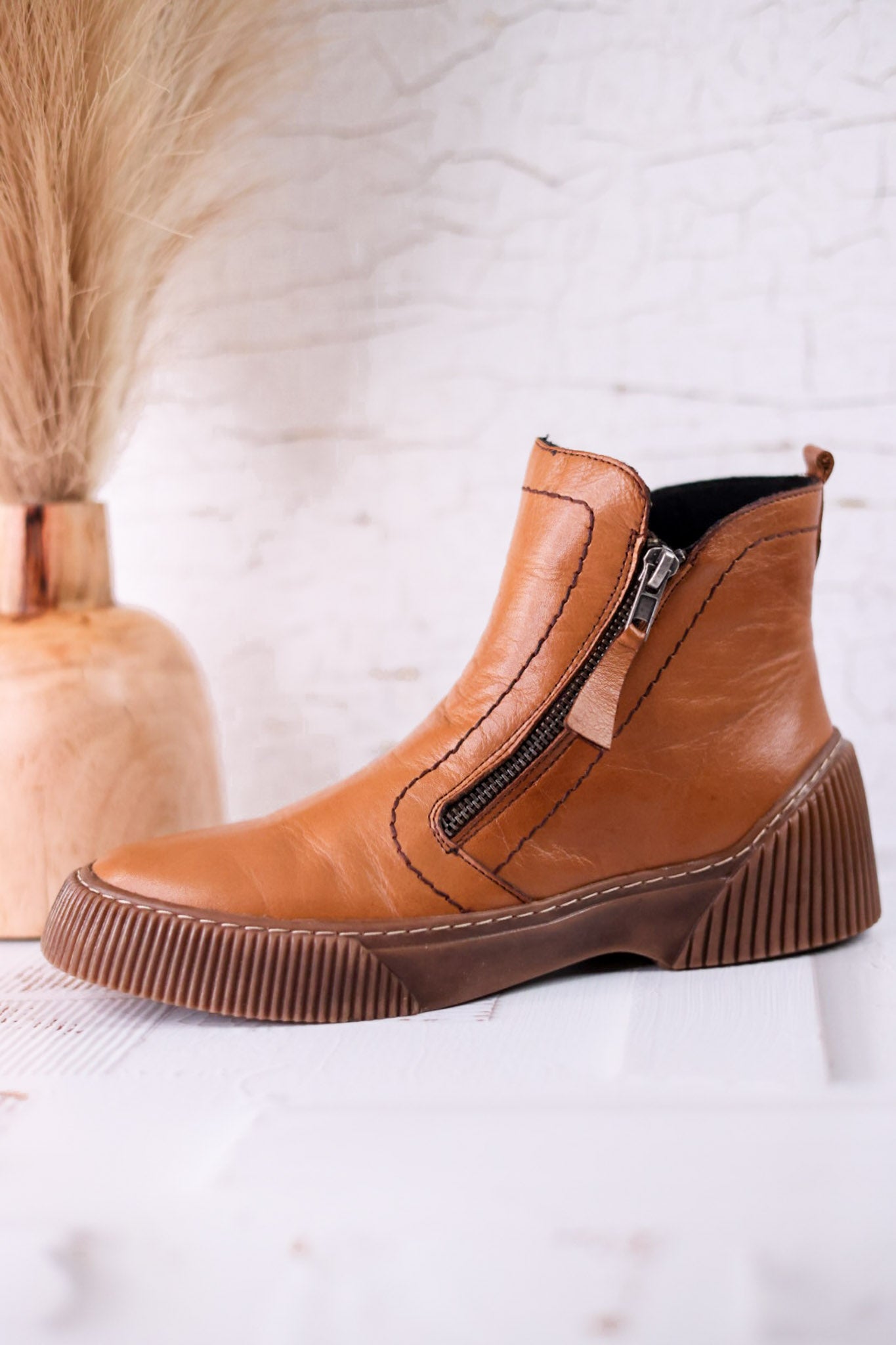 The Kelko Camel Leather Zippered Booties
