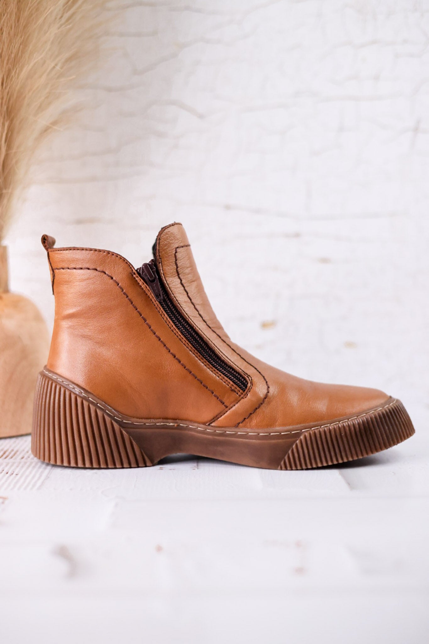 The Kelko Camel Leather Zippered Booties