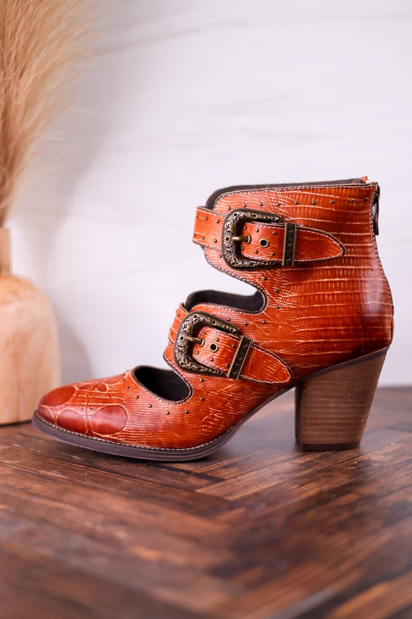 Embossed Leather Ankle Boots With Vintage Buckles