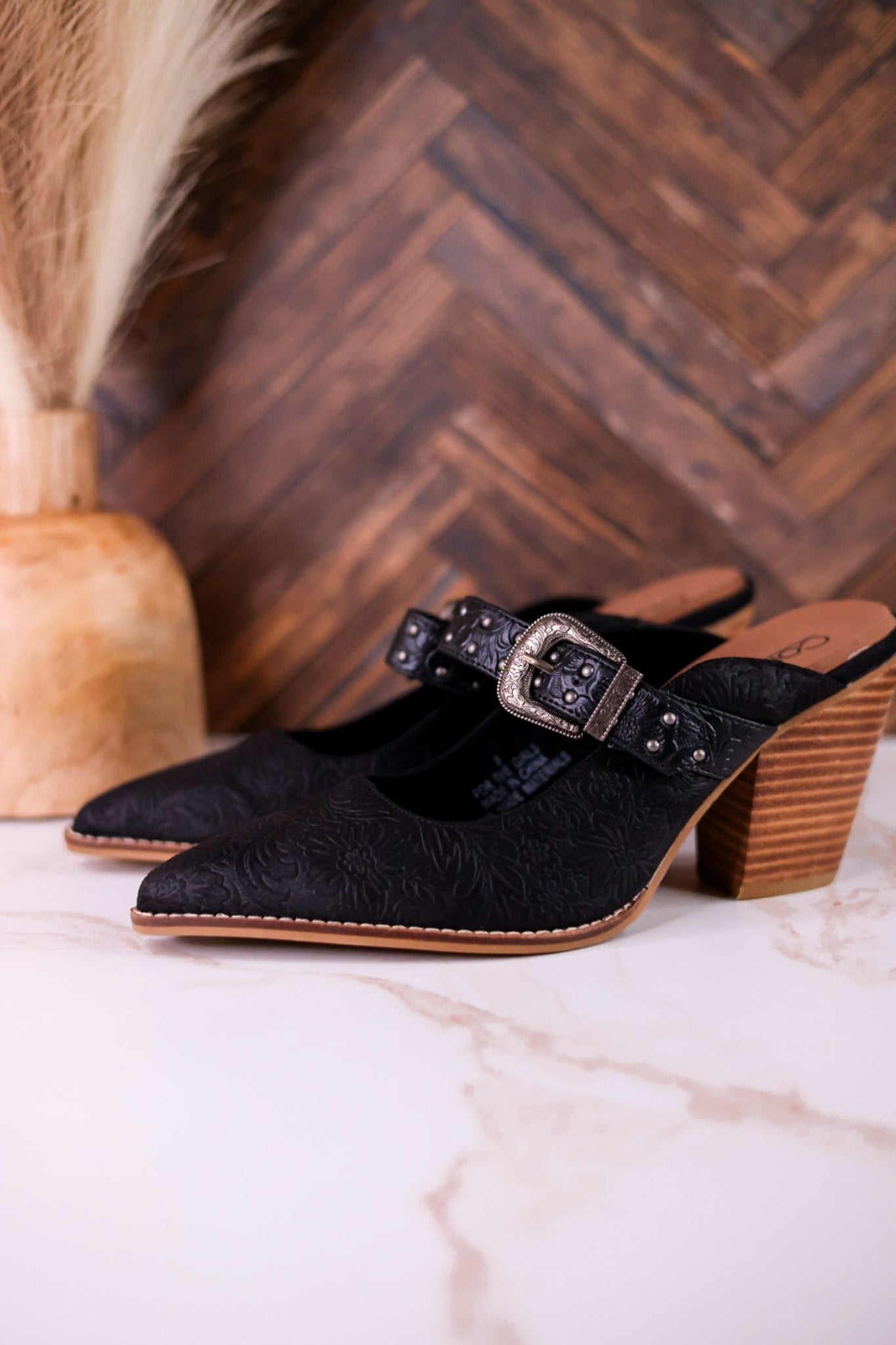 For The Girls Black Floral Embossed Mules With Heel