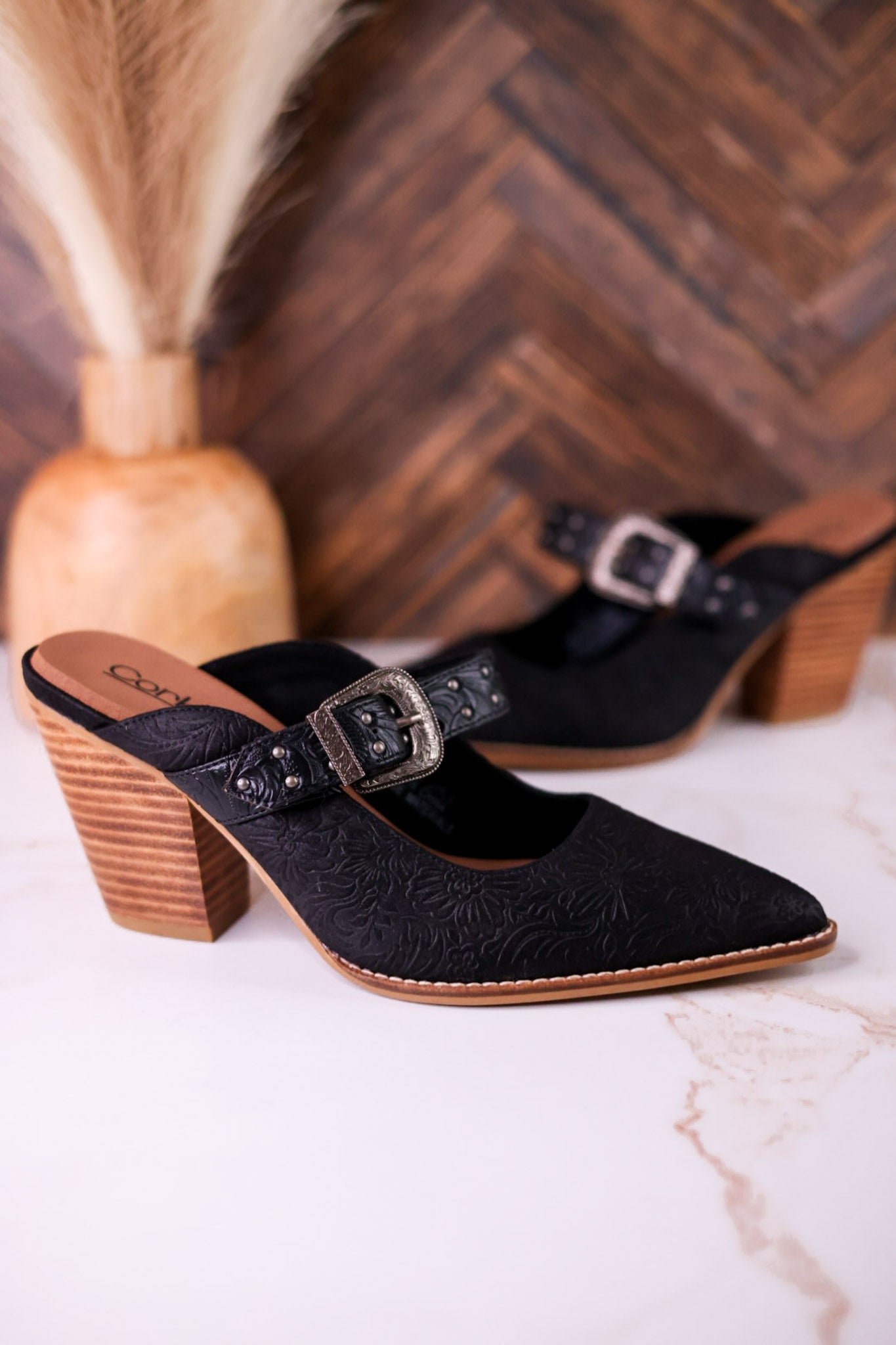 For The Girls Black Floral Embossed Mules With Heel