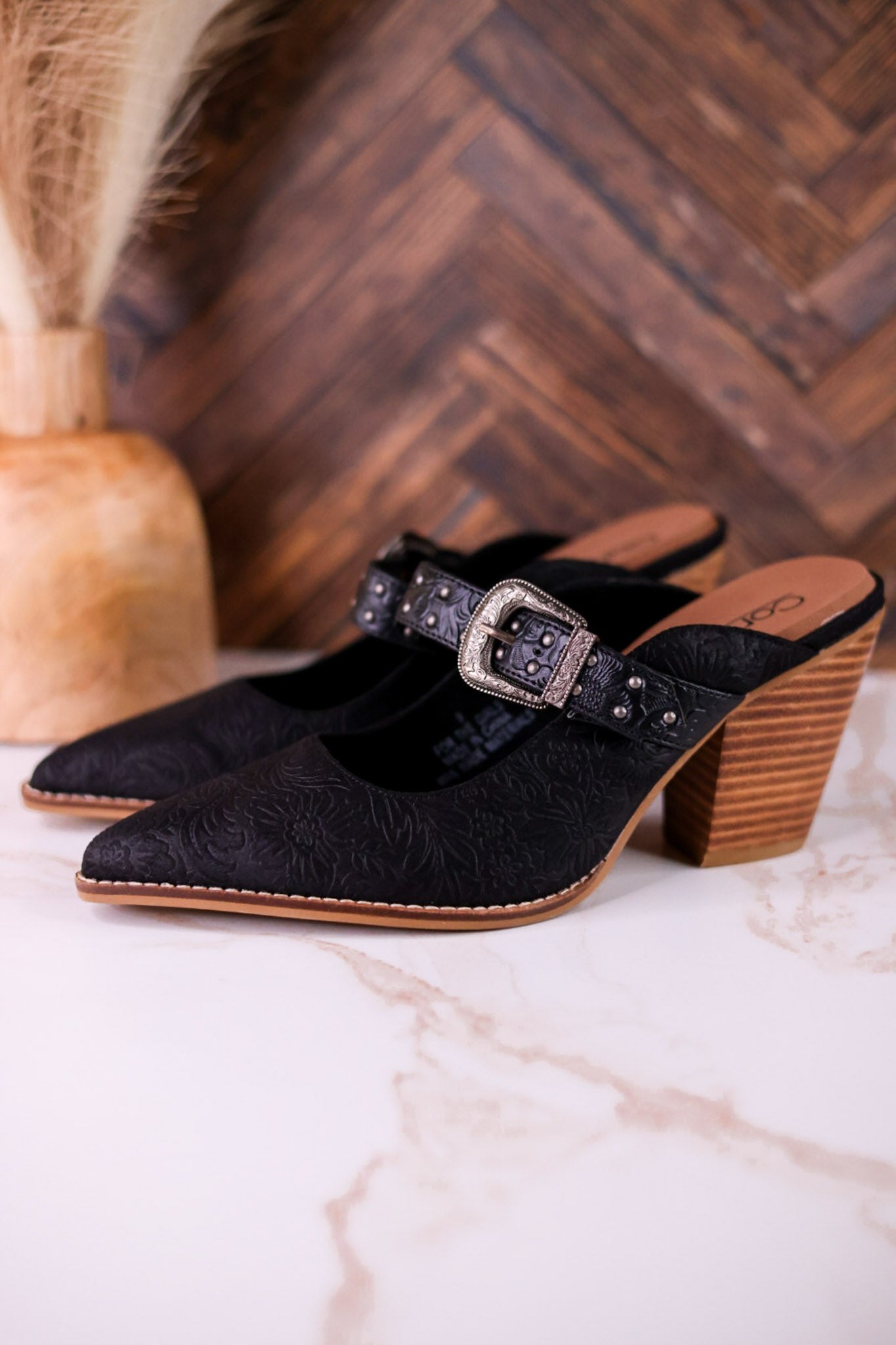 For The Girls Black Floral Embossed Mules With Heel