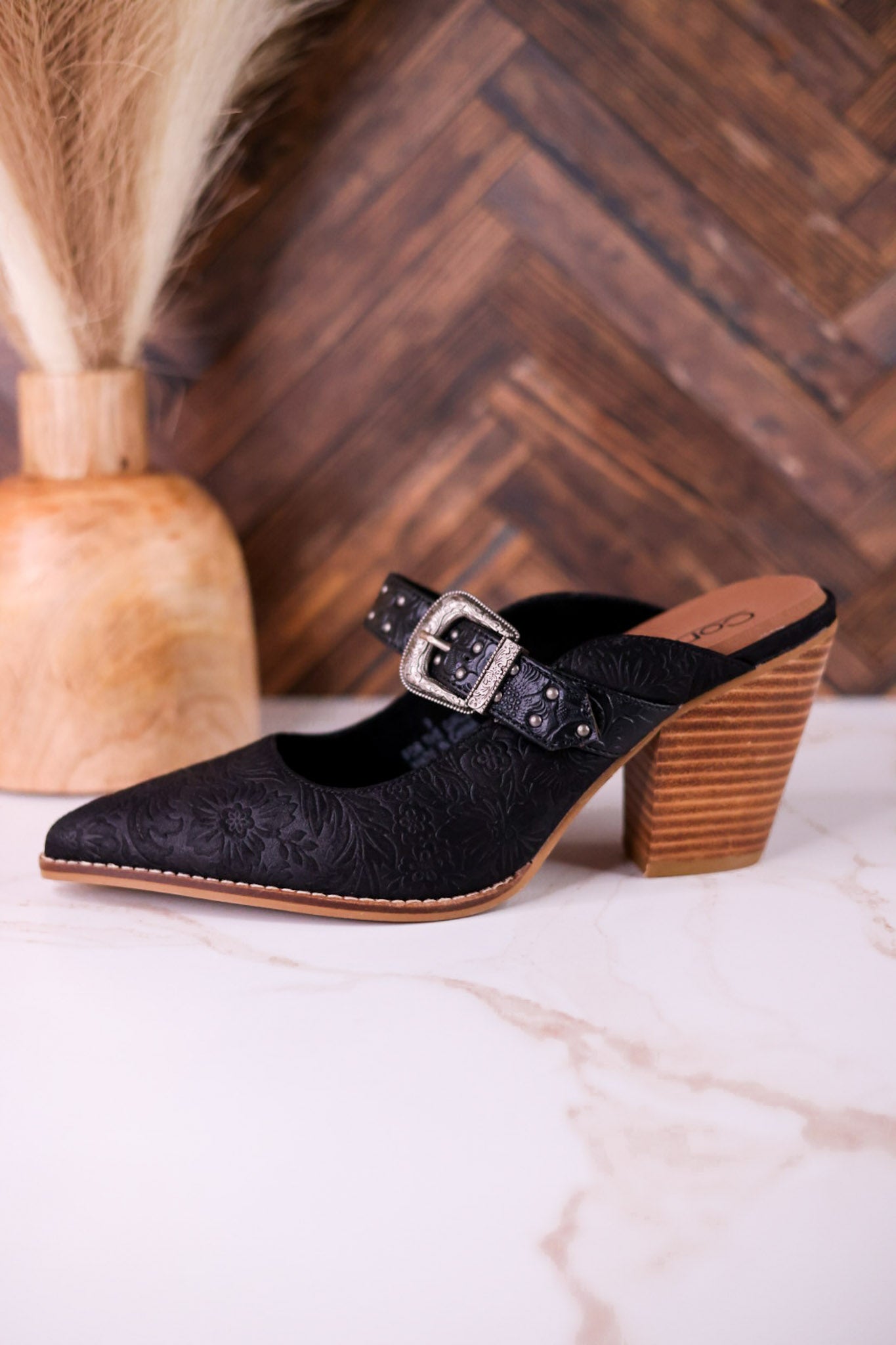 For The Girls Black Floral Embossed Mules With Heel