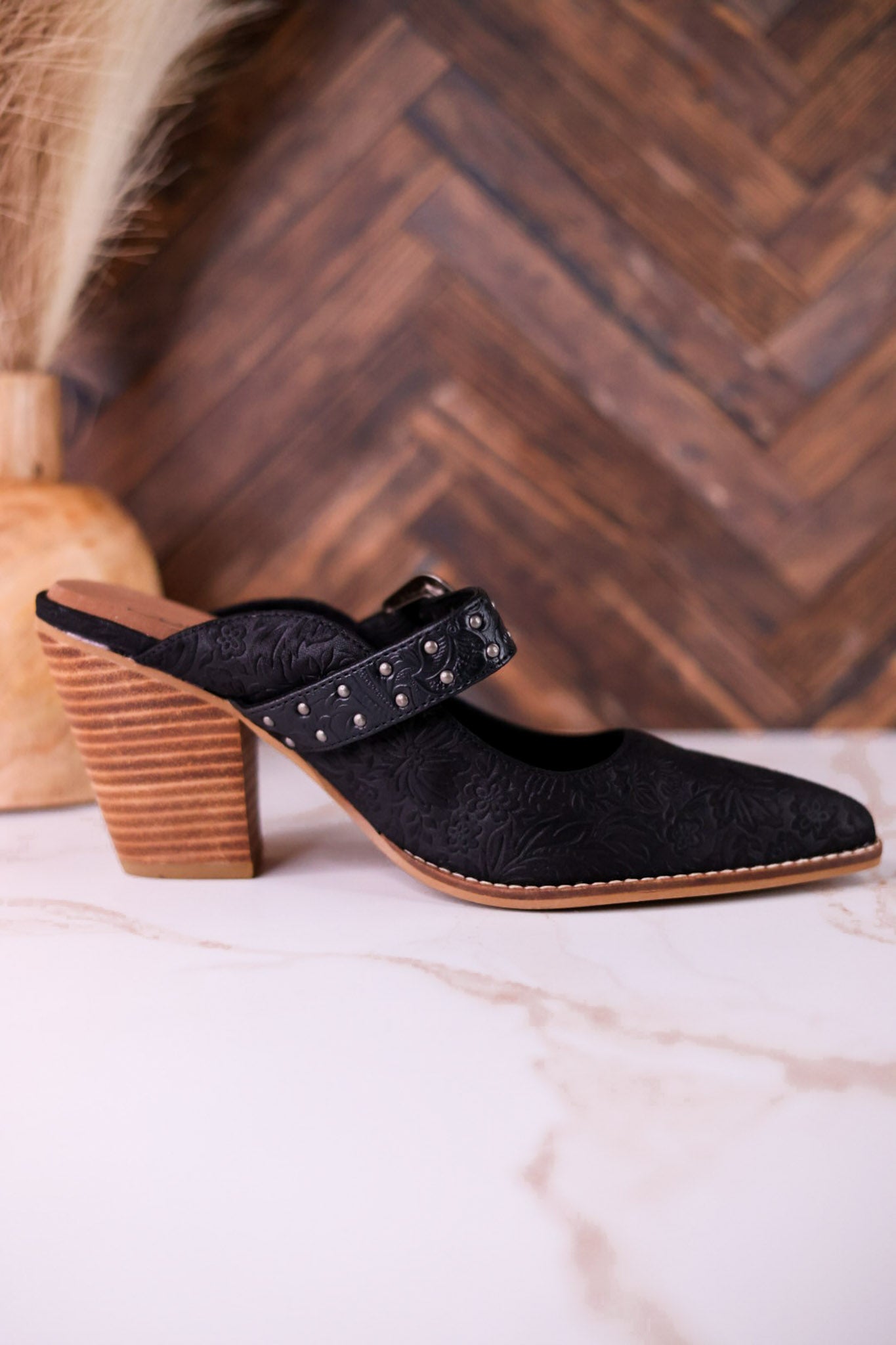 For The Girls Black Floral Embossed Mules With Heel