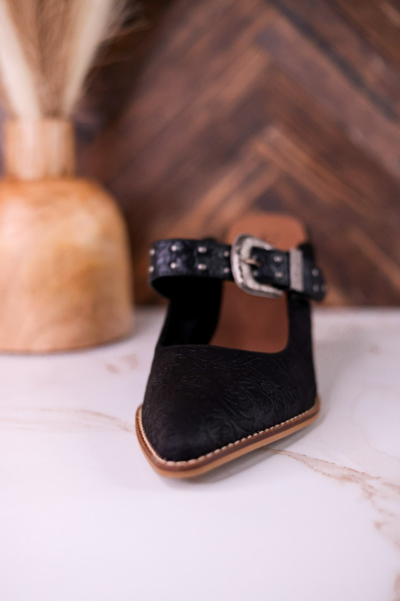 For The Girls Black Floral Embossed Mules With Heel