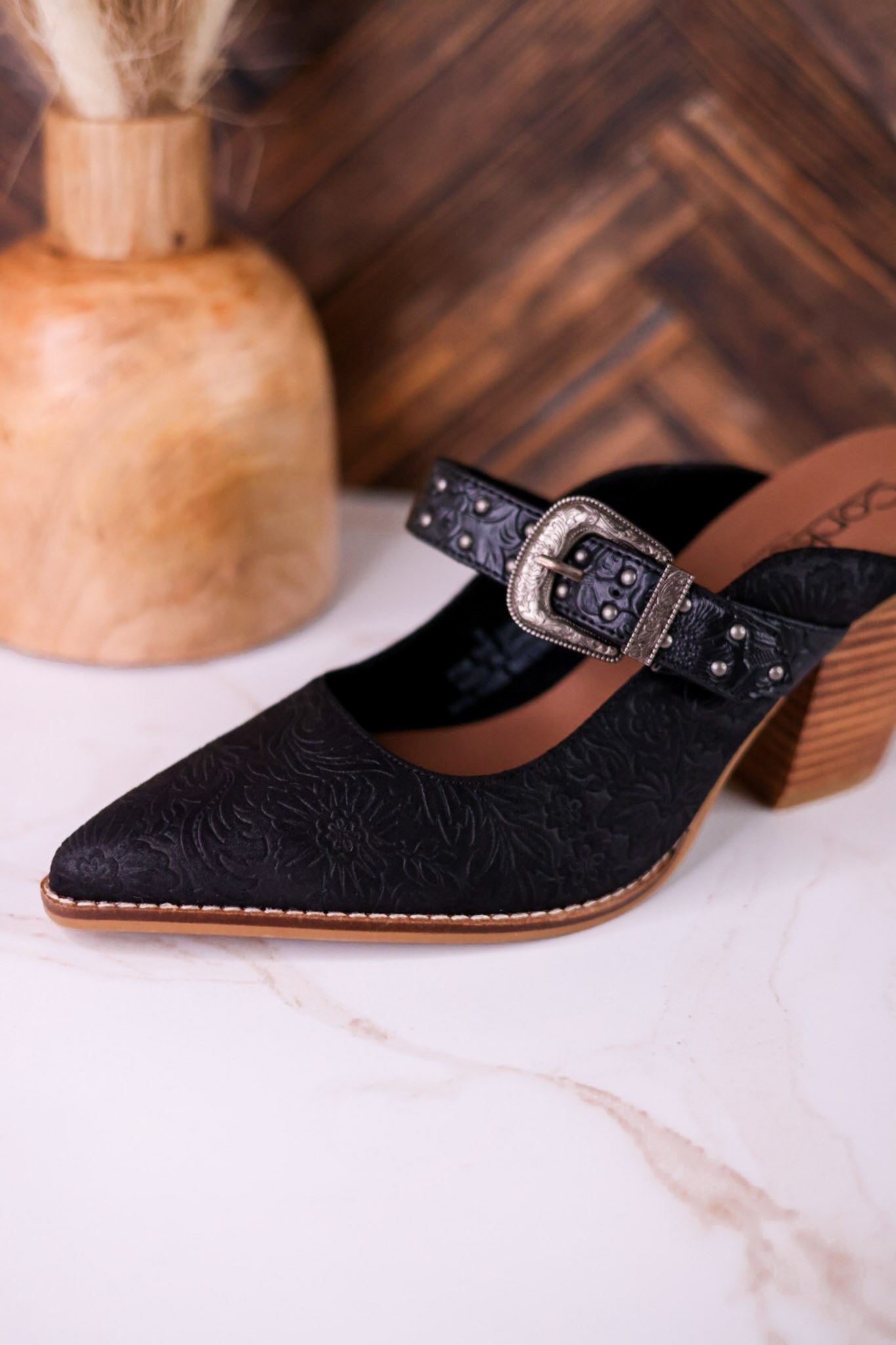 For The Girls Black Floral Embossed Mules With Heel