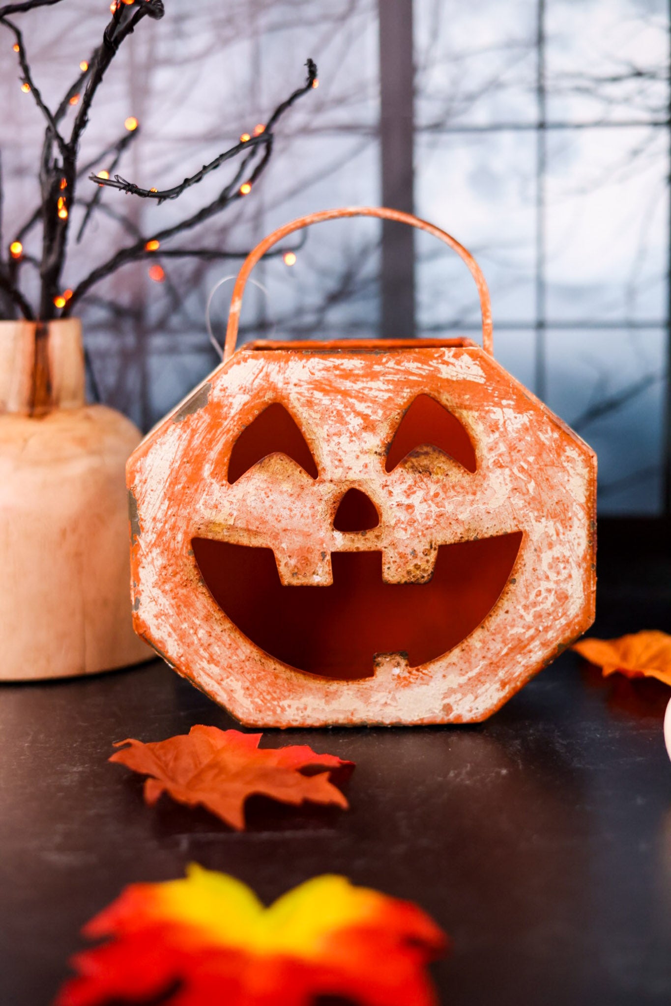 Small Metal Jack-O-Lantern Decorative Bucket