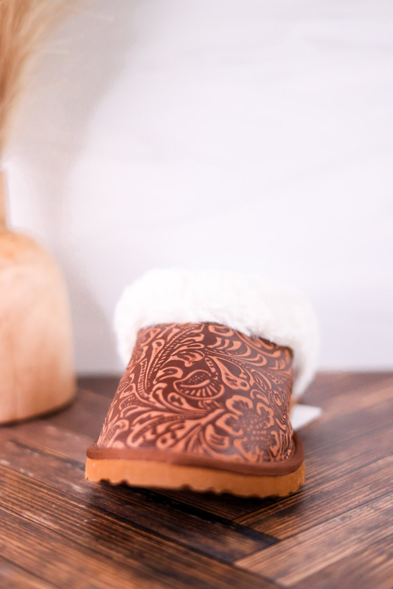 Brown Embossed Leather Slippers With Fleece Lining