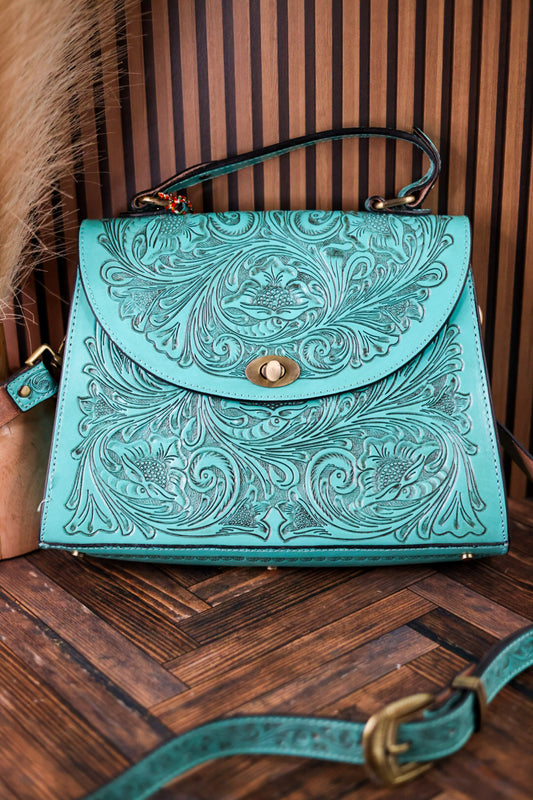 Savannah Scroll Embossed Turquoise Leather Sling Bag