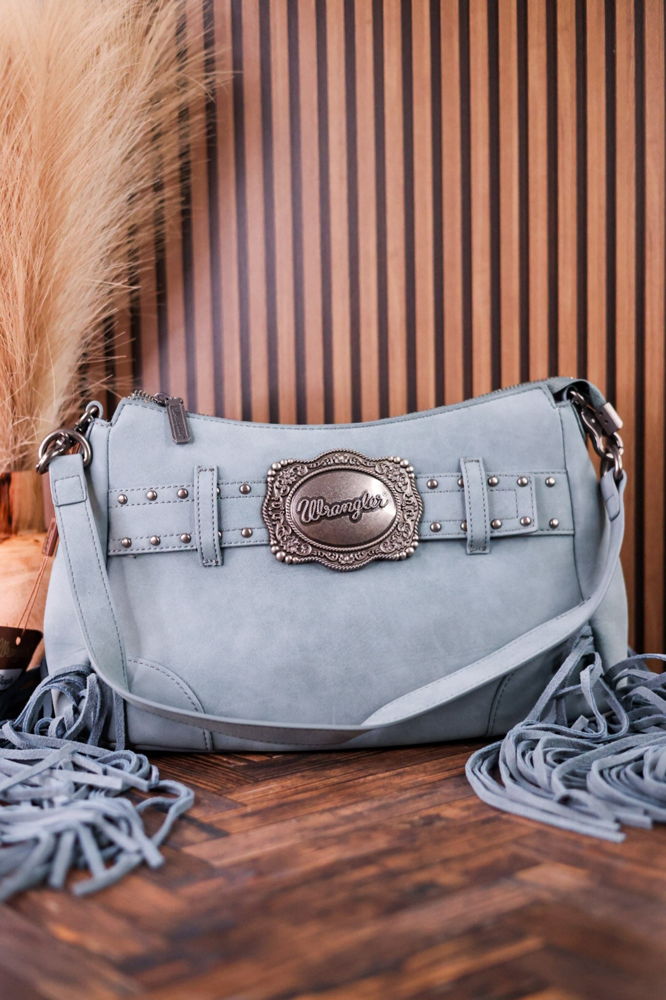 Blue Faux Leather Wrangler Belt Buckle Fringe Purse