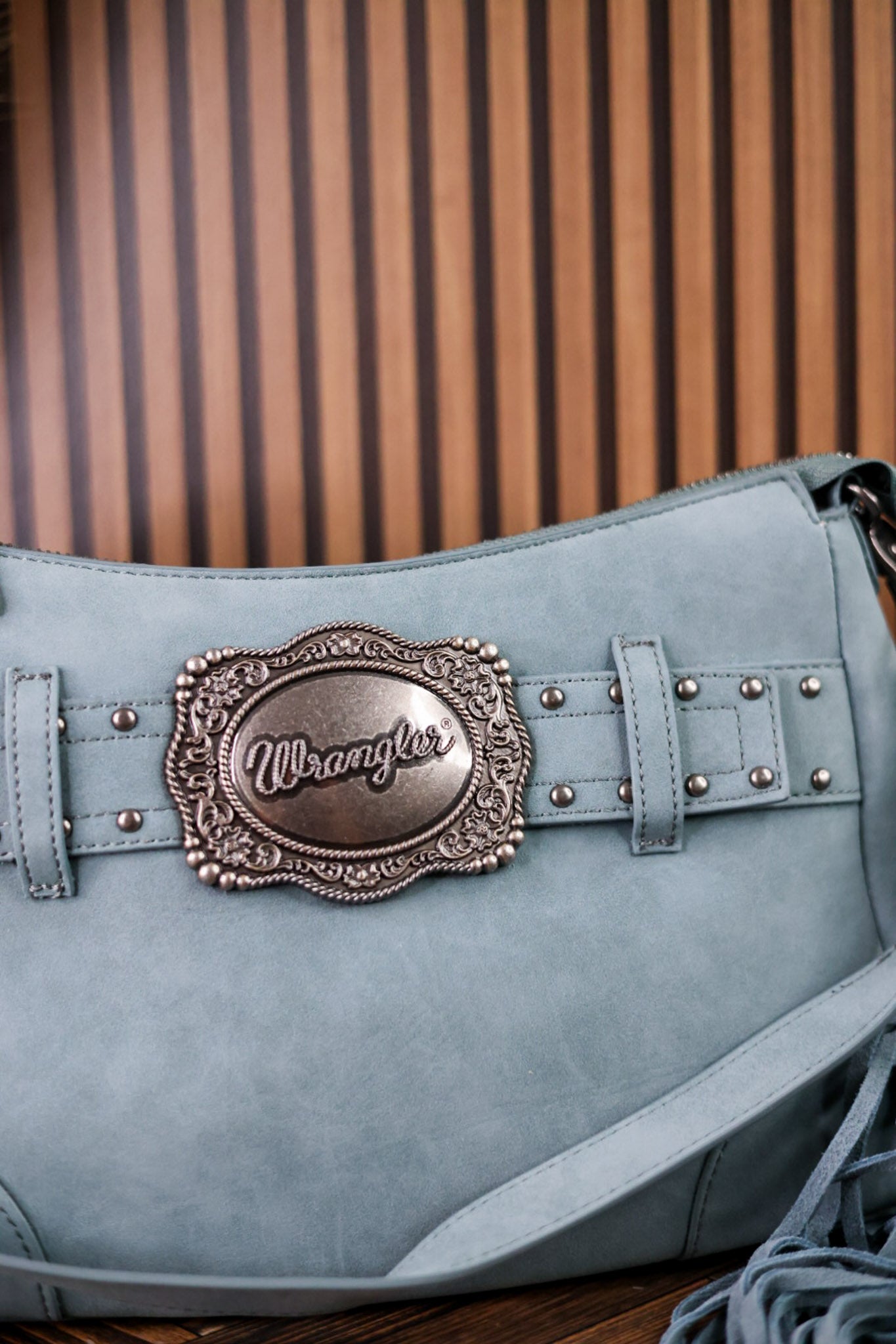 Blue Faux Leather Wrangler Belt Buckle Fringe Purse