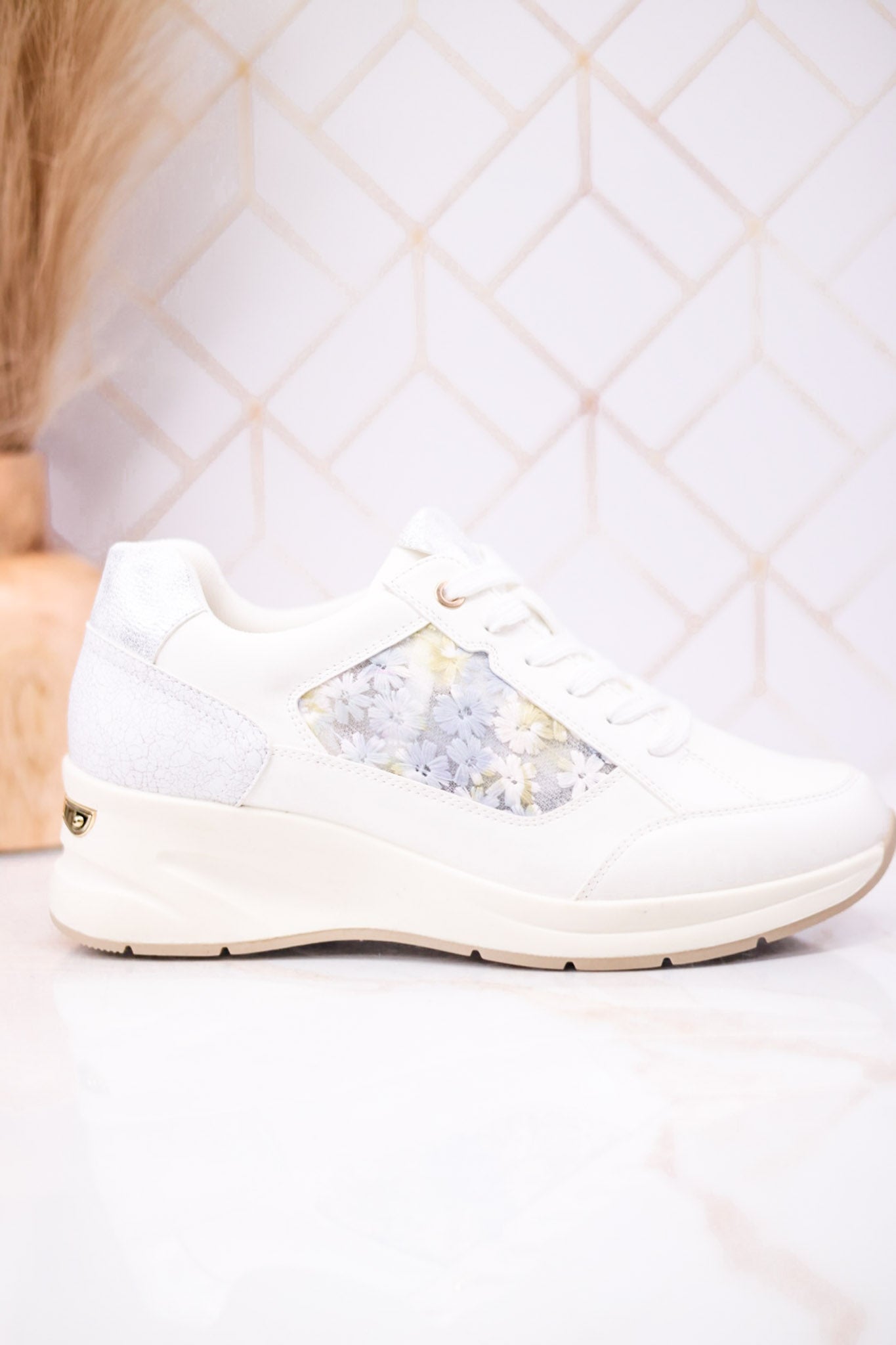 Trendy Wedge Sneakers W/ Floral Mesh Detail