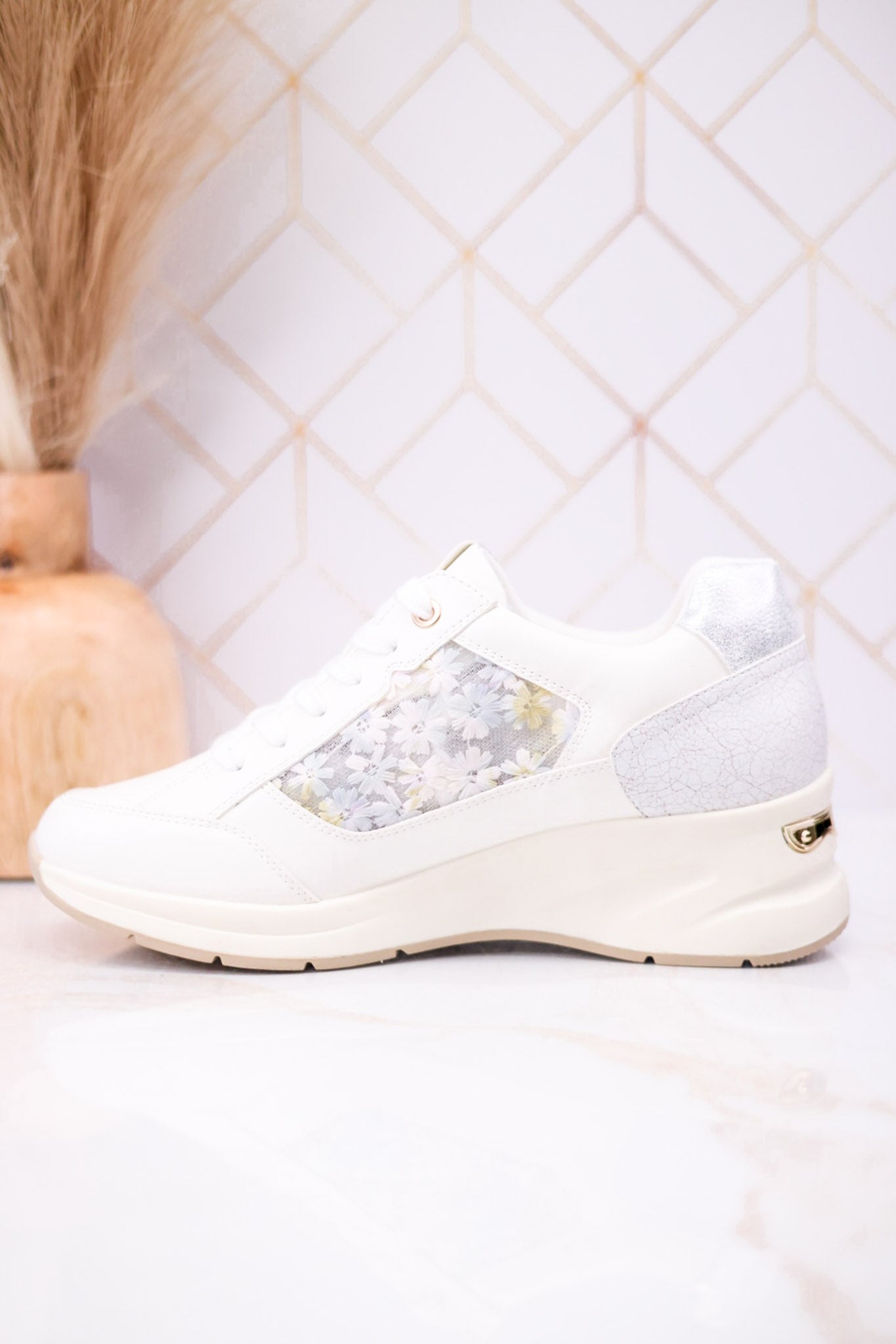 Trendy Wedge Sneakers W/ Floral Mesh Detail