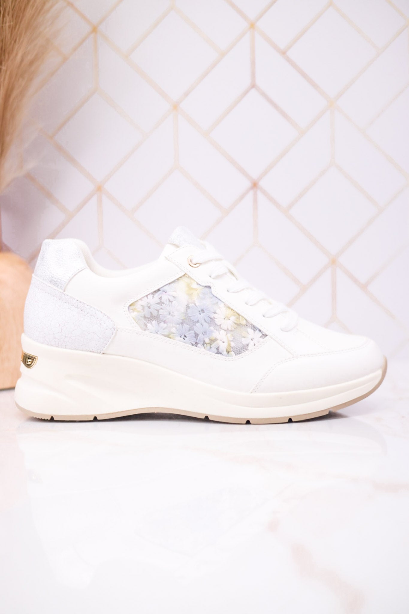 Trendy Wedge Sneakers W/ Floral Mesh Detail
