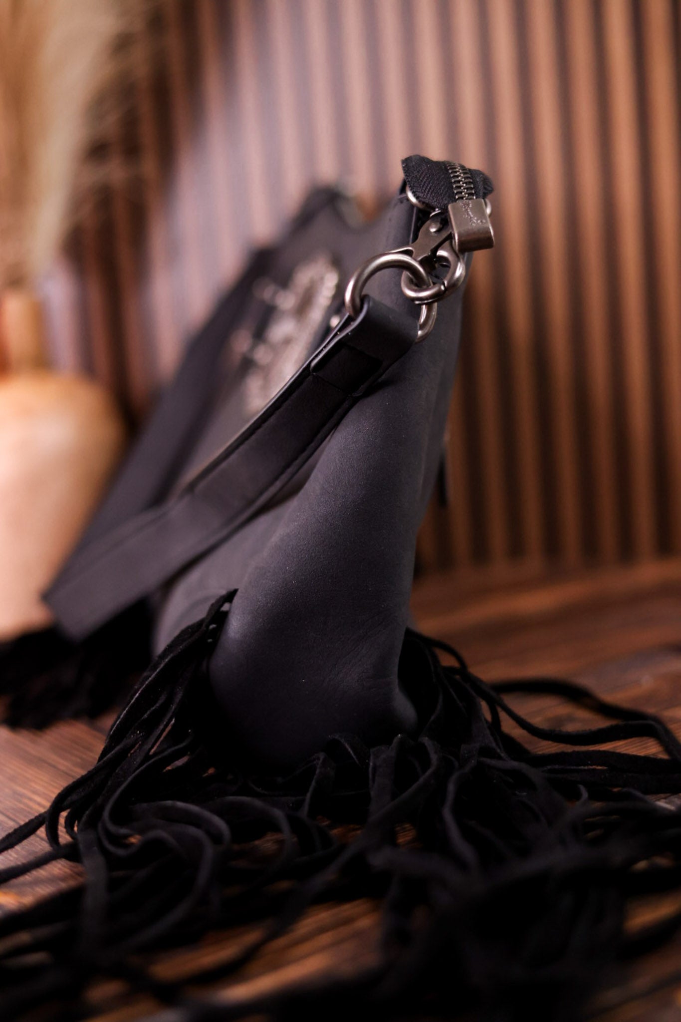 Black Faux Leather Wrangler Belt Buckle Fringe Purse