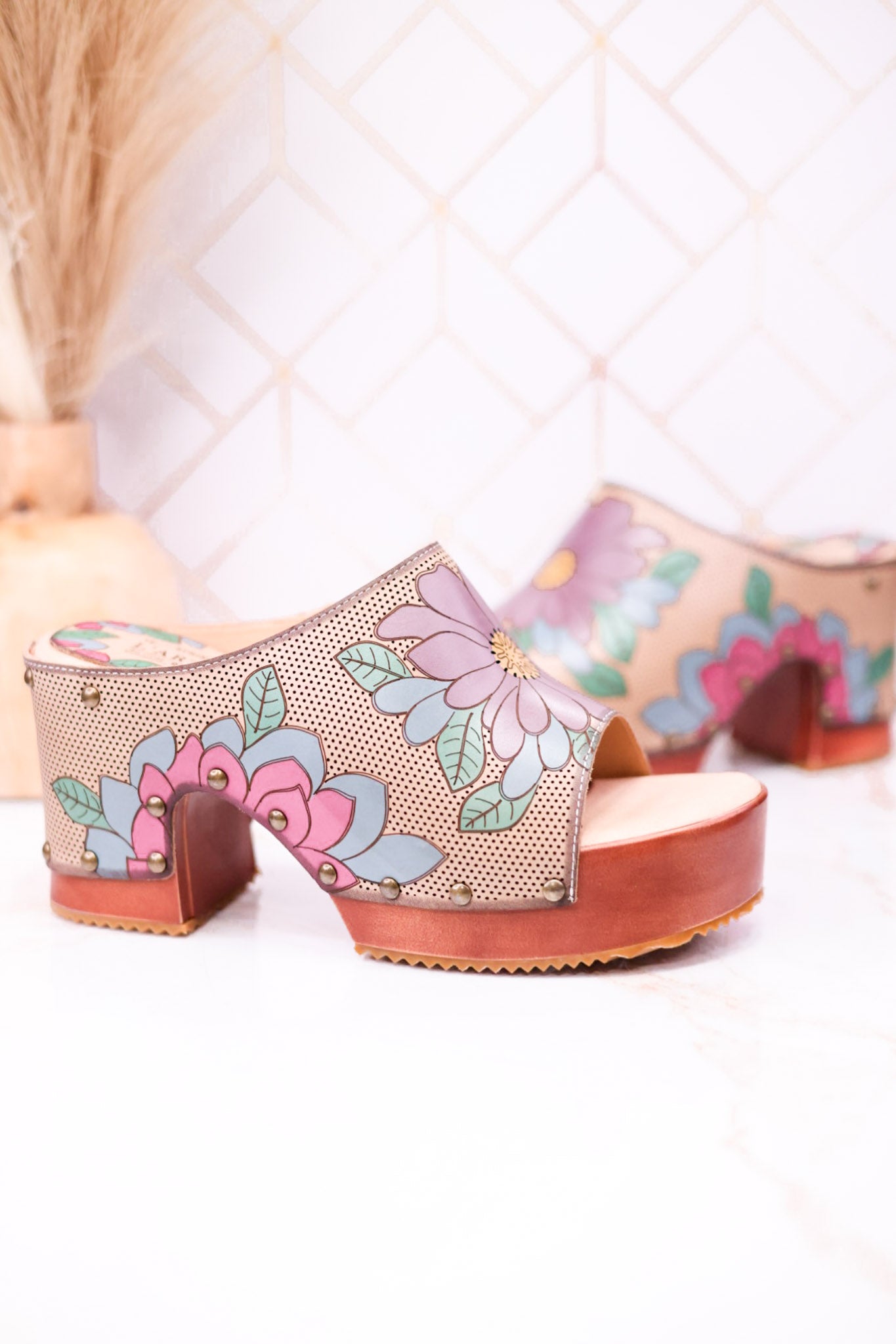 Hand Painted Floral Leather Platform Sandals