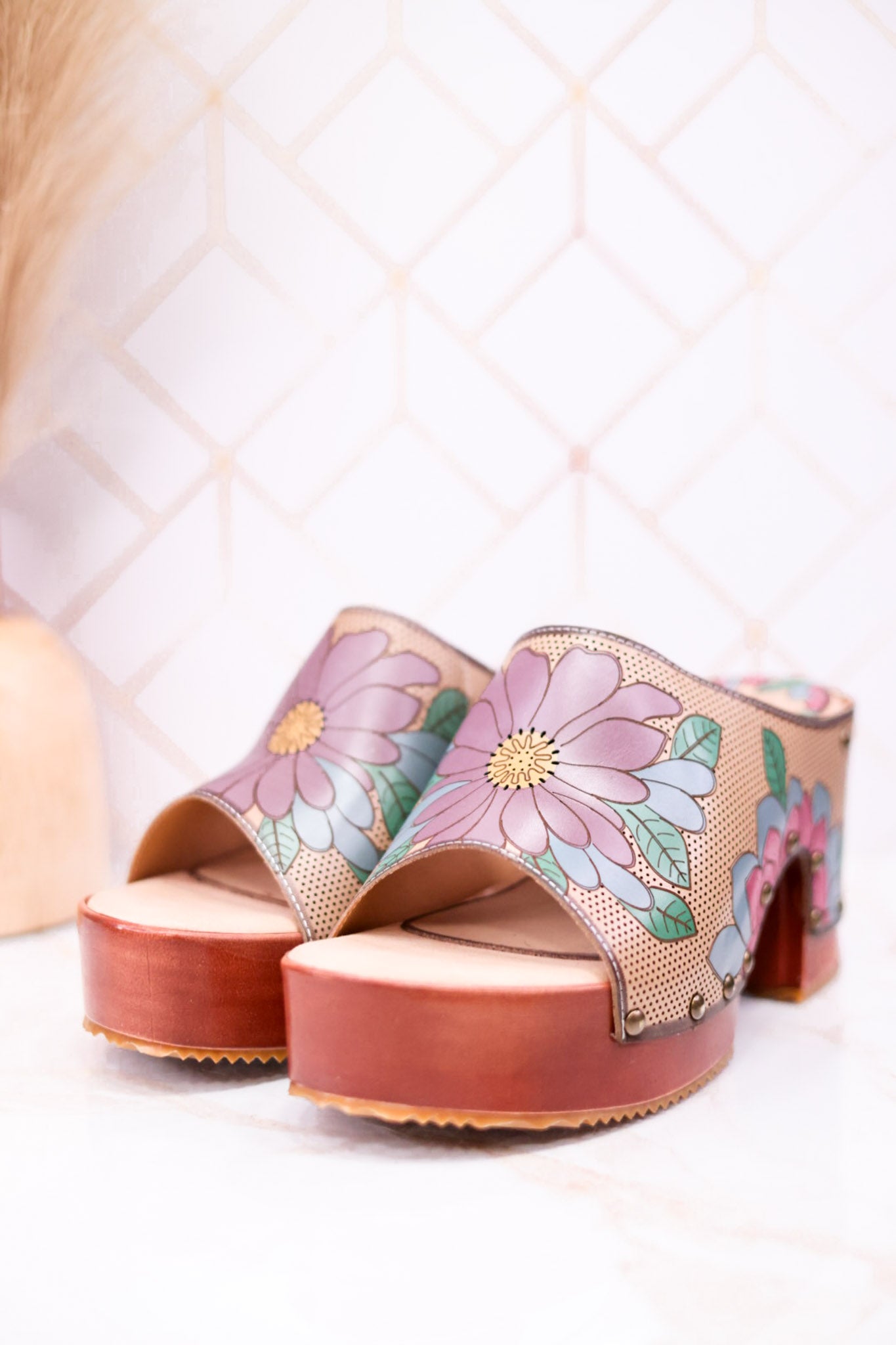 Hand Painted Floral Leather Platform Sandals