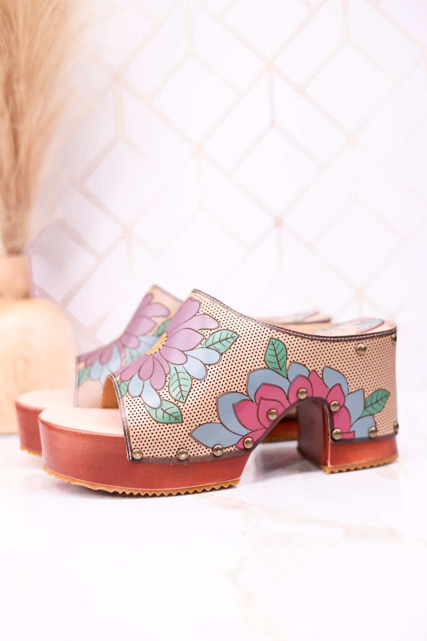 Hand Painted Floral Leather Platform Sandals
