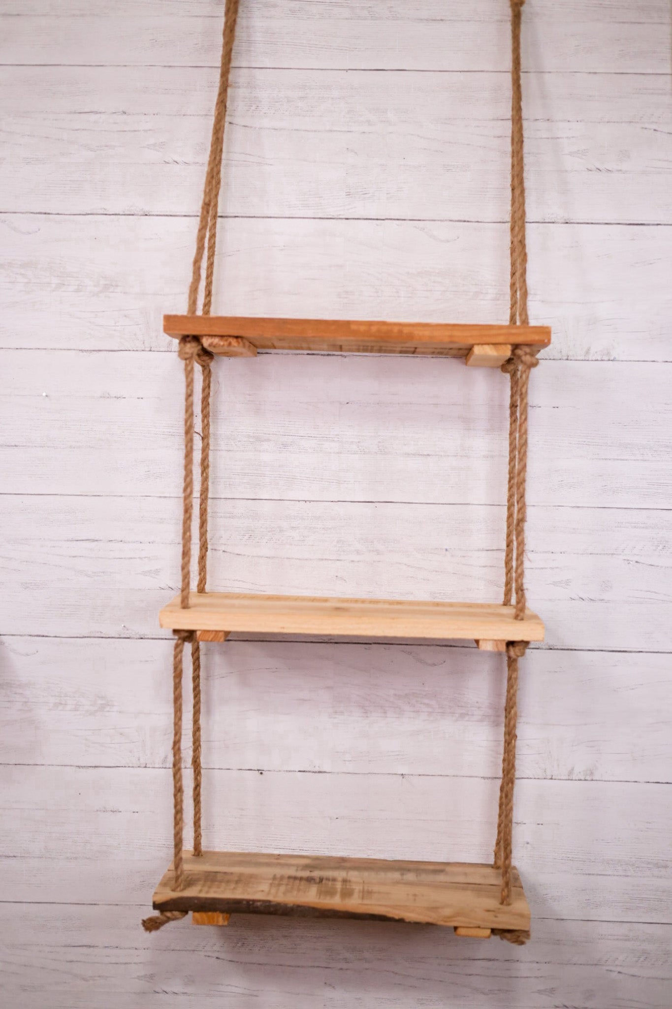 3-Tiered Wood & Rope Wall Shelf