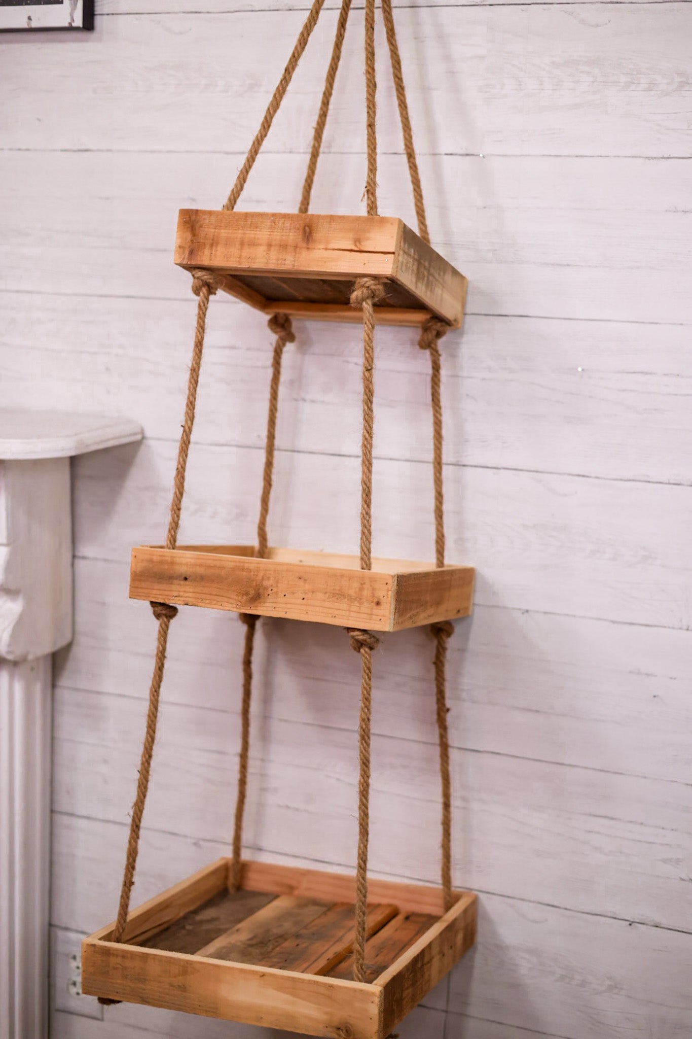Hanging Three Tiered Wood With Rope