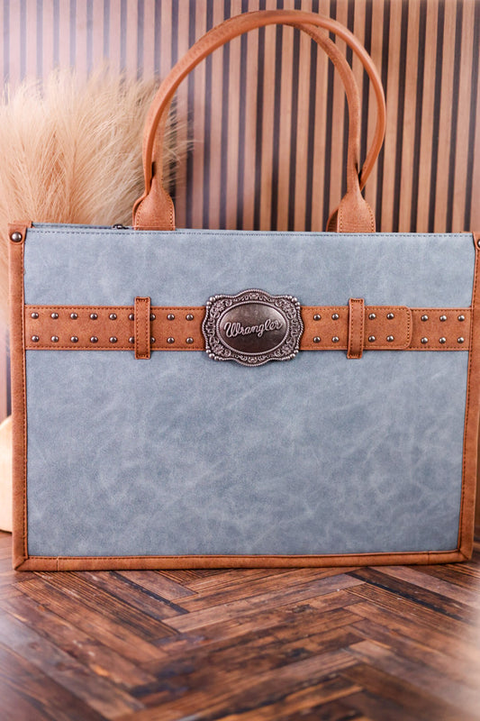Slate Blue Vegan Leather Large Tote With Wrangler Belt Buckle