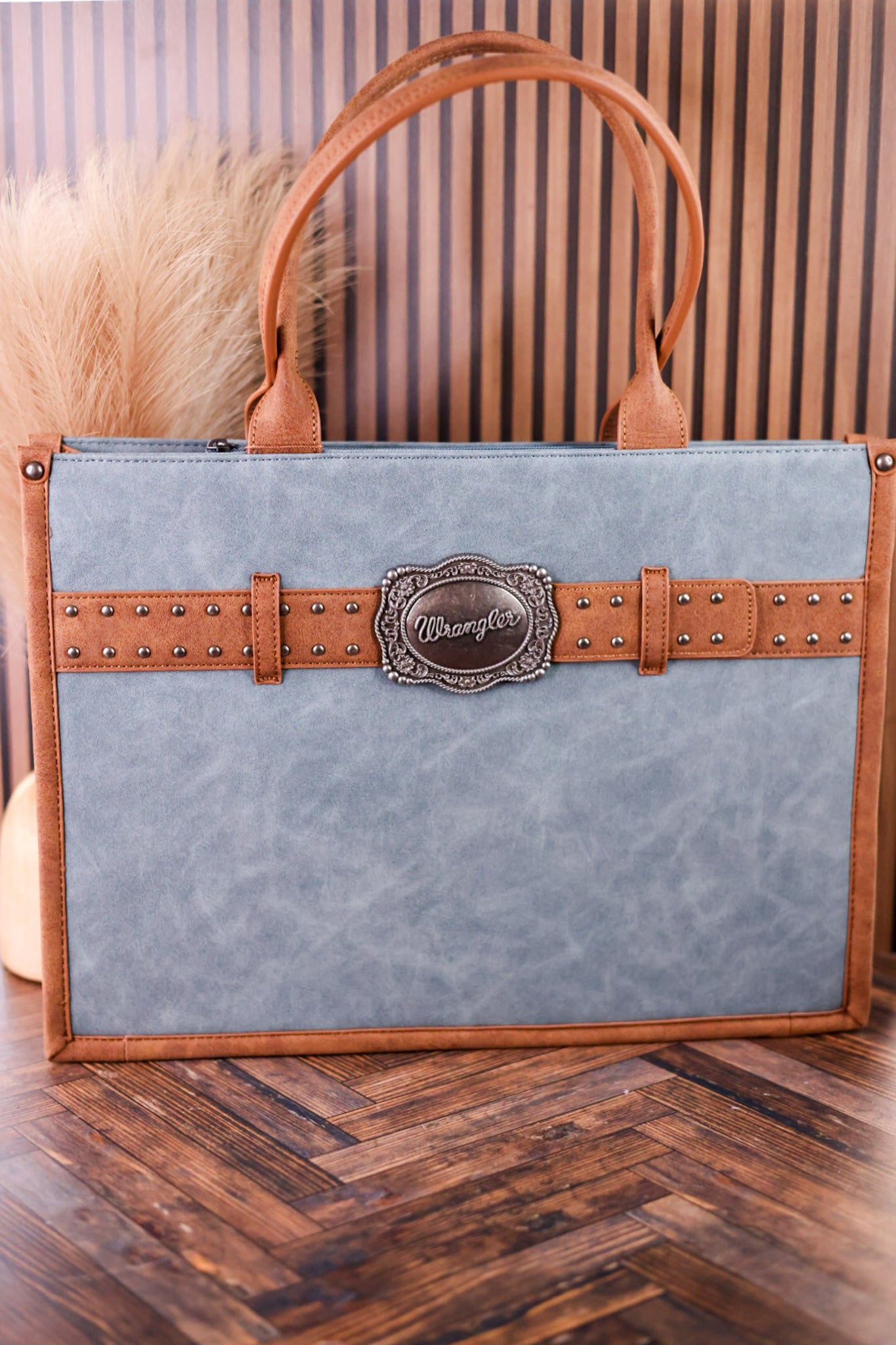 Slate Blue Vegan Leather Large Tote With Wrangler Belt Buckle