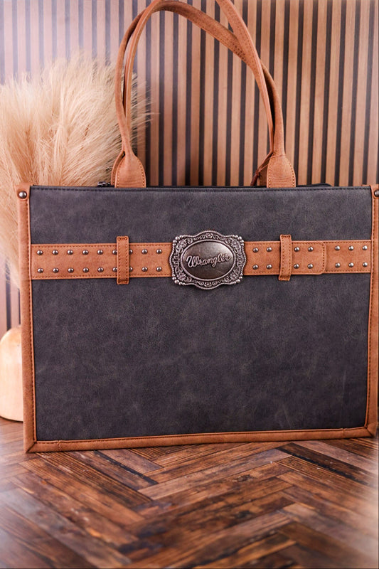 Large Black Vegan Leather Tote With Wrangler Belt Buckle