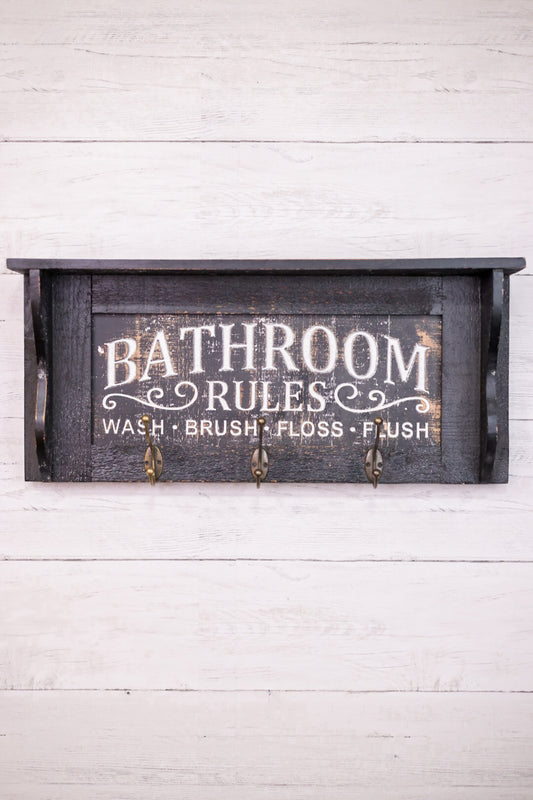 Engraved Wood Bathroom Shelf W/ Hooks