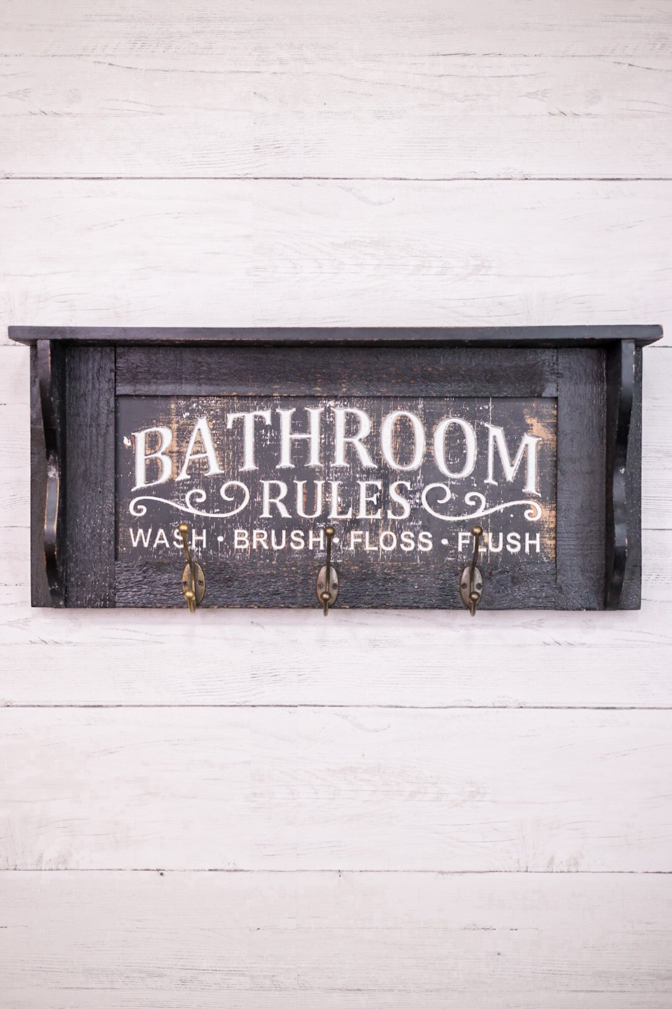 Engraved Wood Bathroom Shelf W/ Hooks