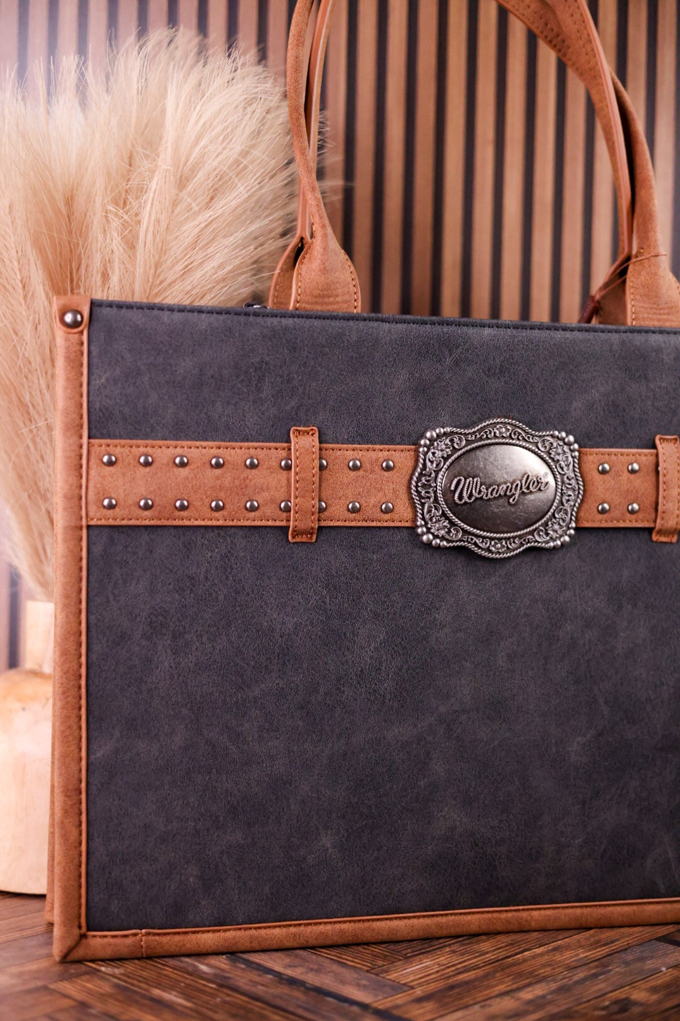 Large Black Vegan Leather Tote With Wrangler Belt Buckle