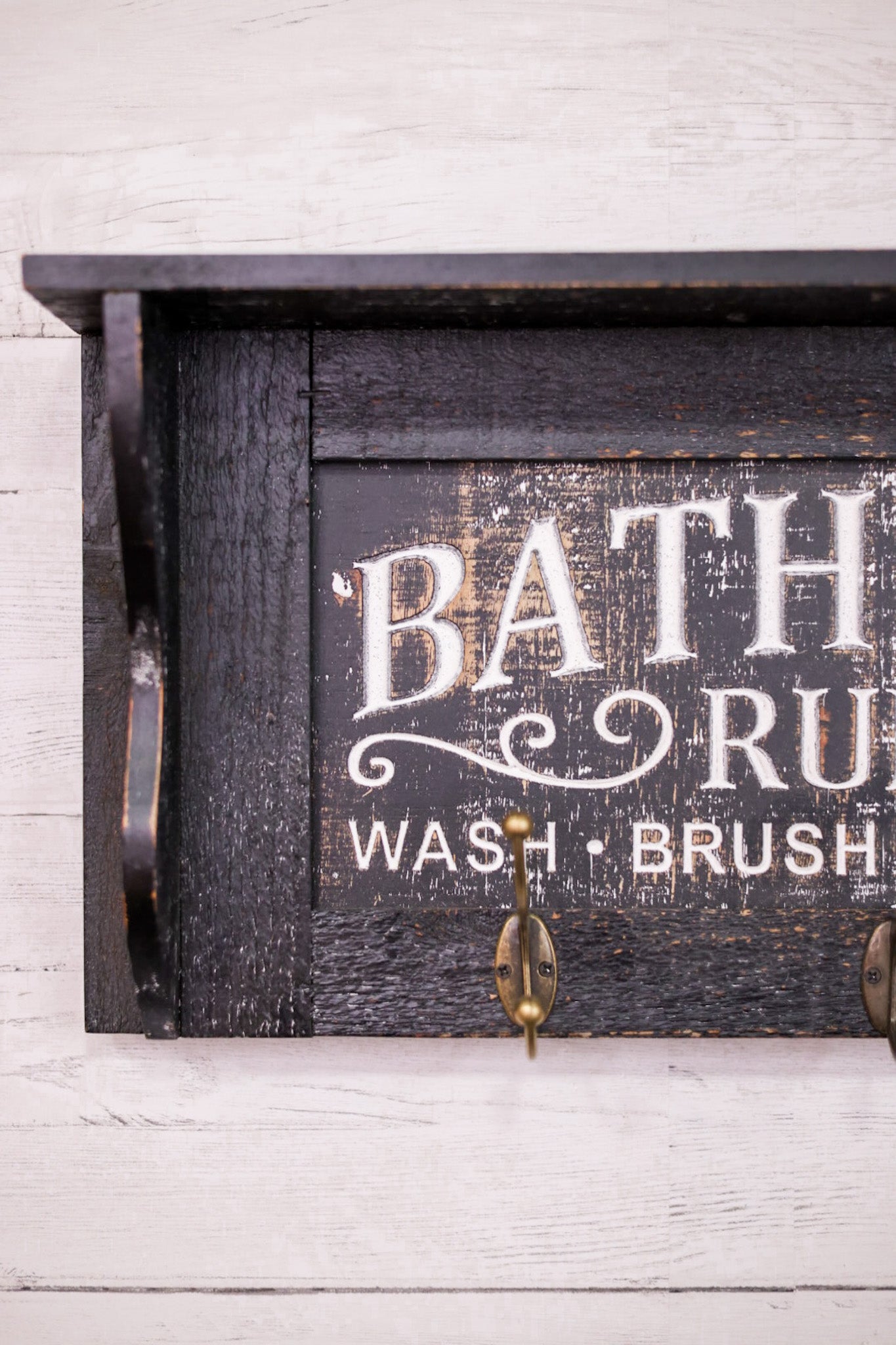 Engraved Wood Bathroom Shelf W/ Hooks