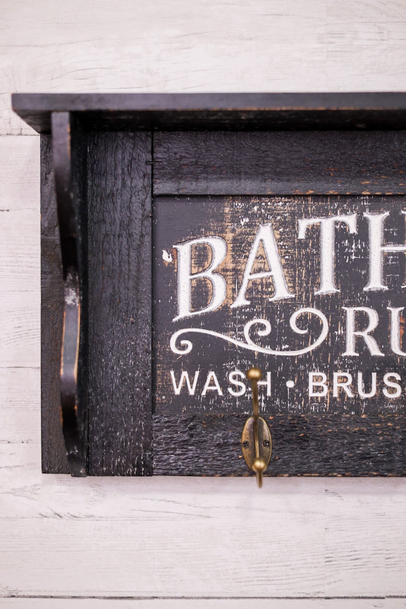 Engraved Wood Bathroom Shelf W/ Hooks