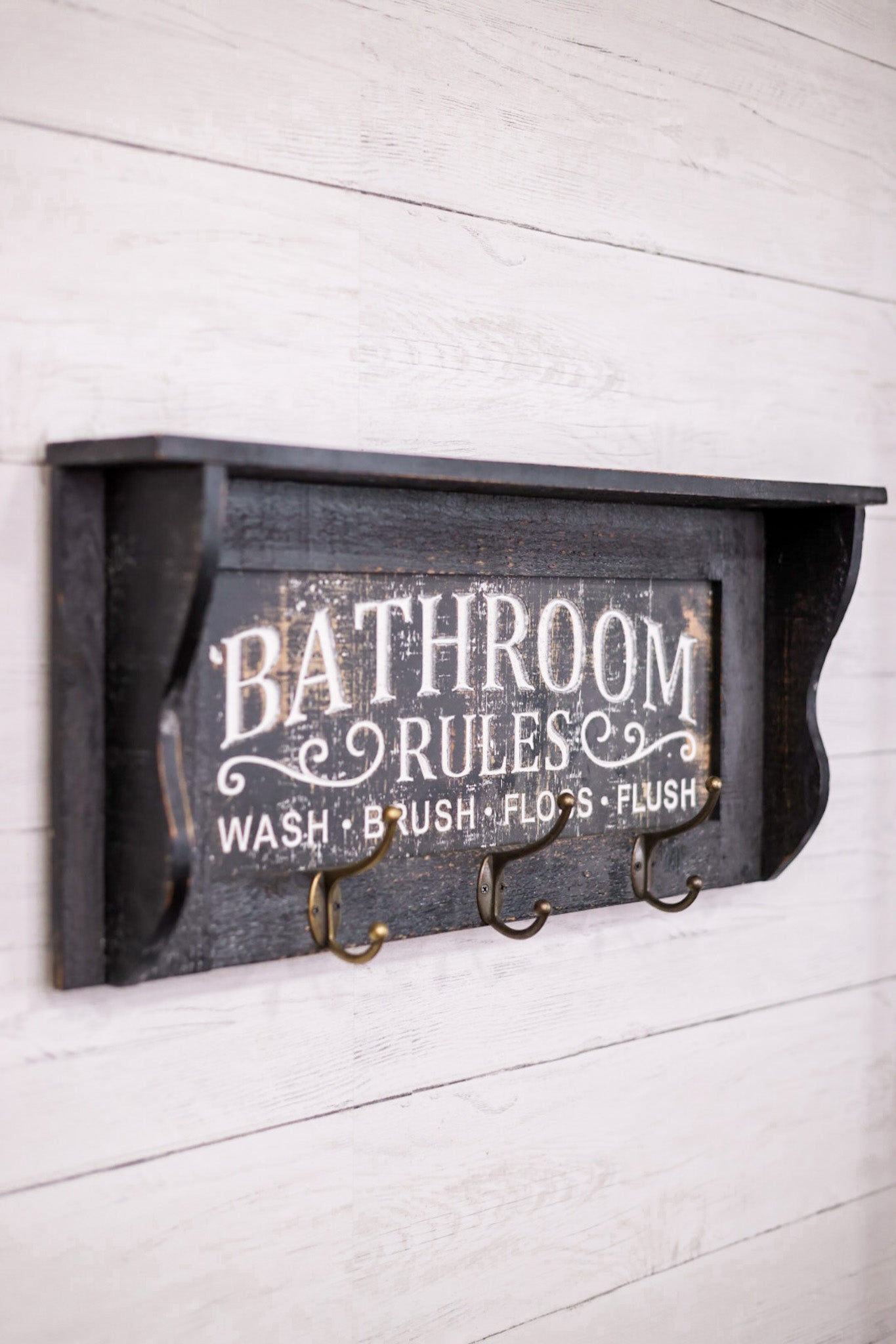 Engraved Wood Bathroom Shelf W/ Hooks
